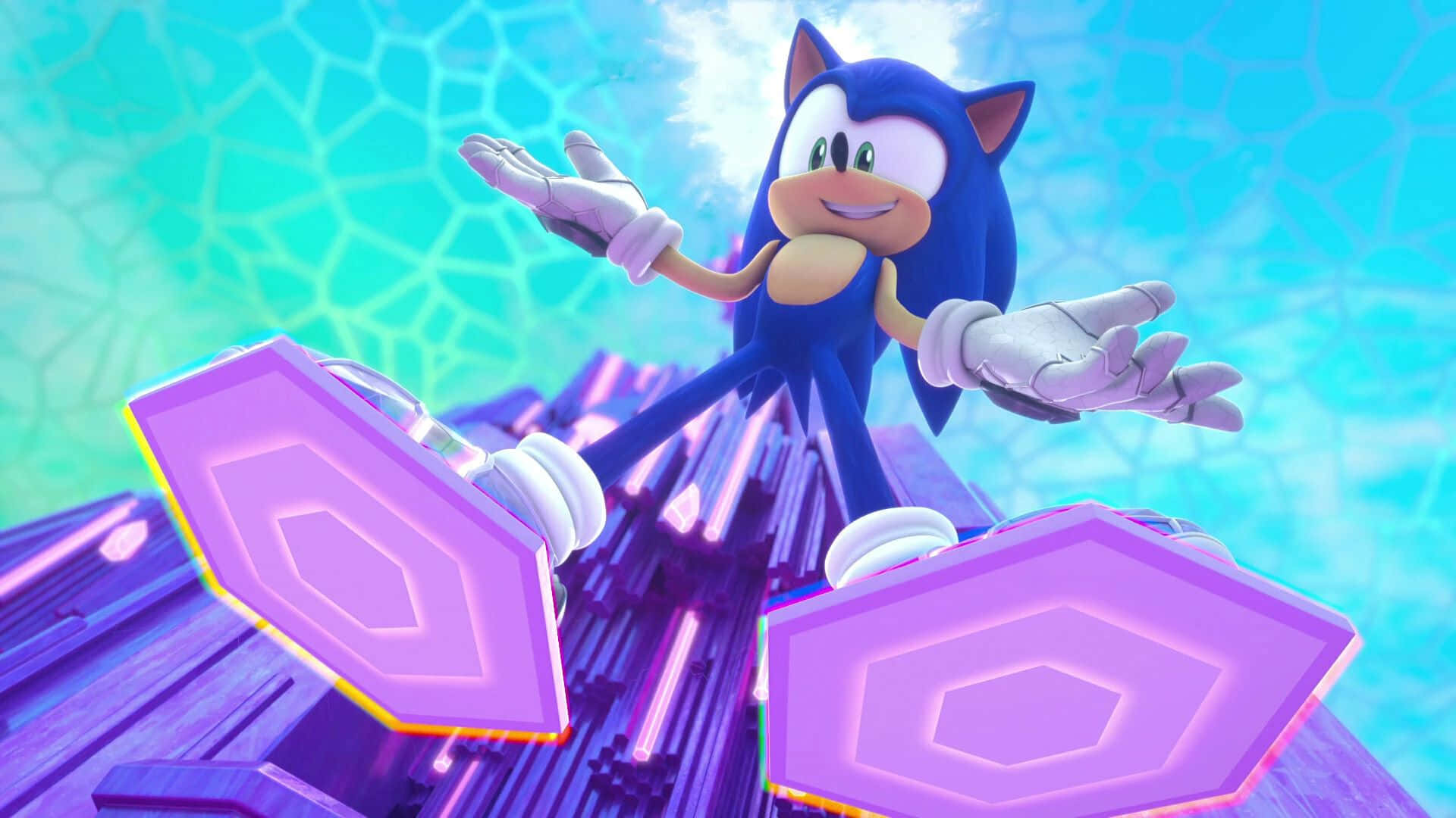  壁紙 — Sonic the Hedgehog 在發光的紫色六角形平台上開心微笑，背景是充滿活力的藍綠色水晶背景。