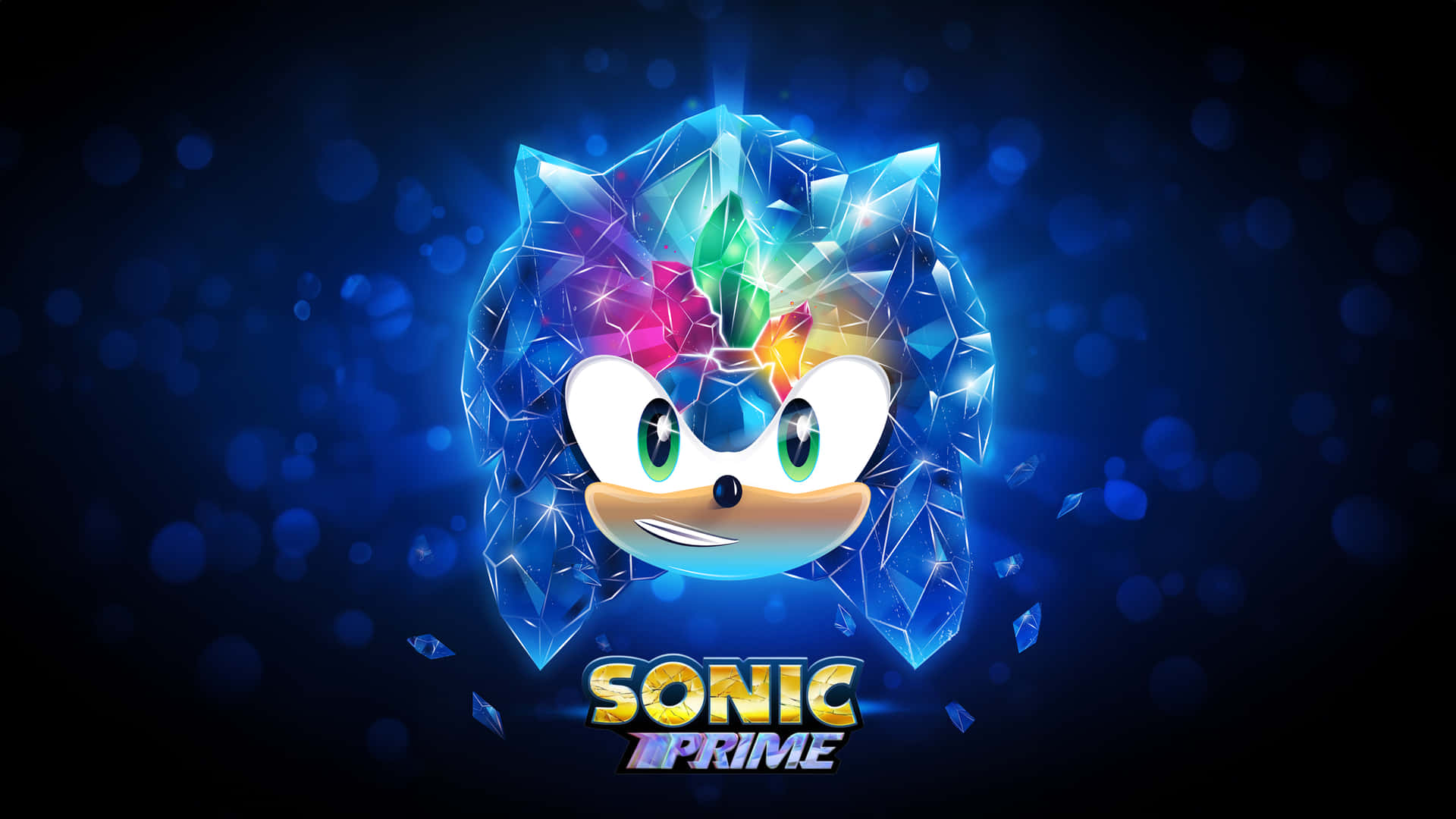  壁紙 — Sonic the Hedgehog 的臉被發光的藍色水晶包裹，帶有彩虹寶石，置於深藍色散景背景上。