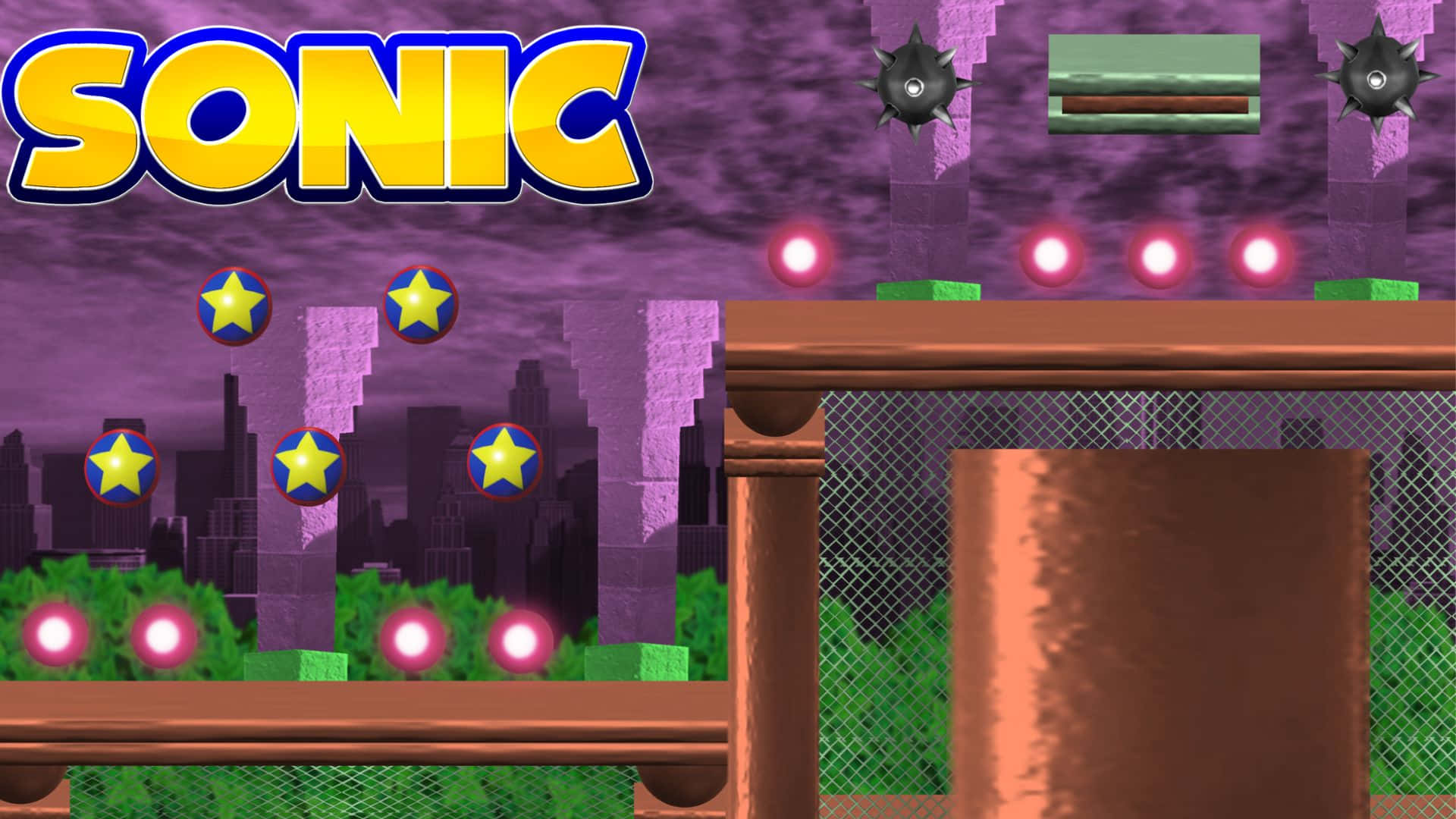 Sonic Spring Yard Zone 桌布 壁紙 — Sonic the Hedgehog 遊戲場景，紫色天空、綠色平台，城市天際線上方閃爍的星星。