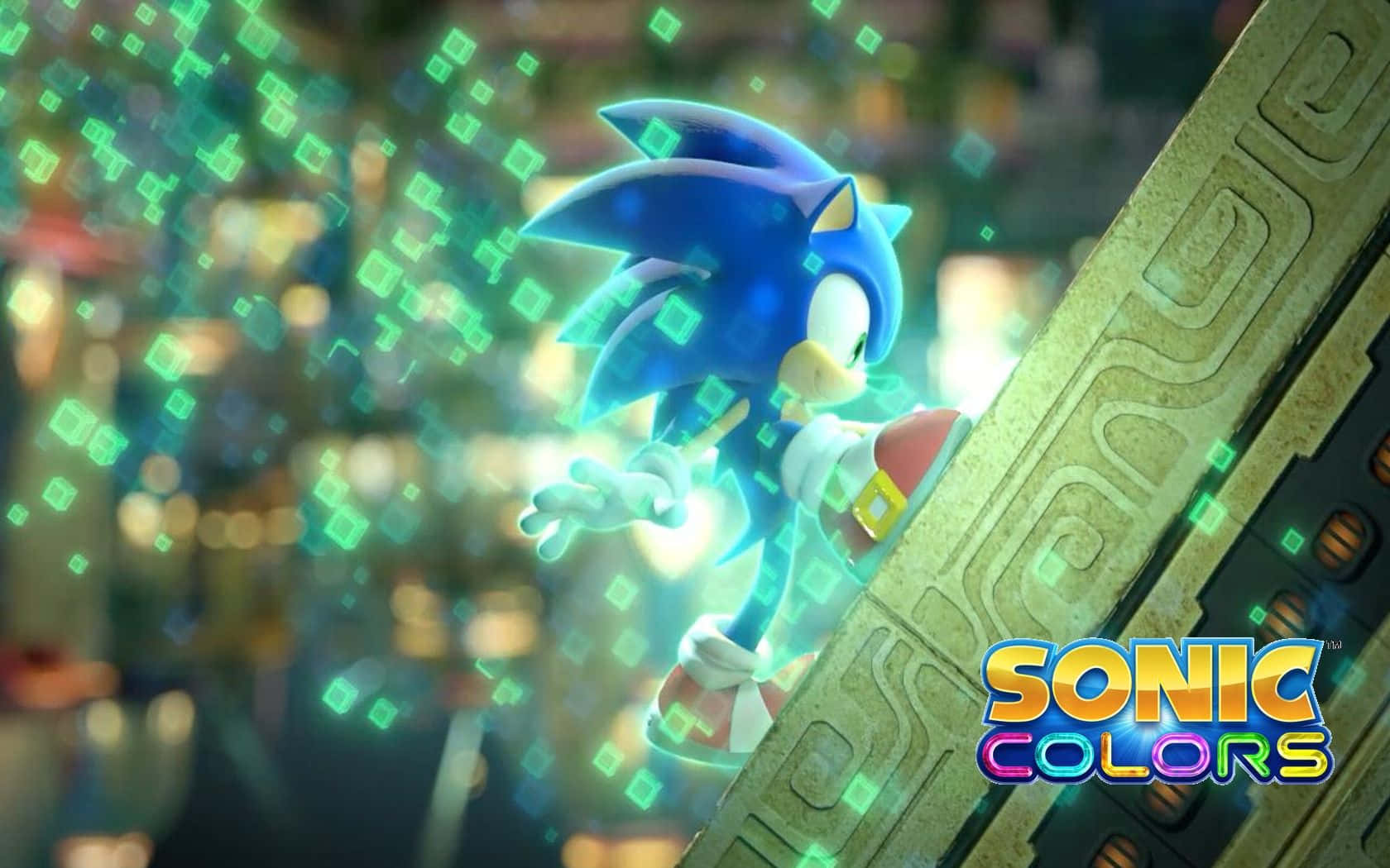 桌布 壁紙 — Sonic the Hedgehog 在發光的綠色數位城市景觀中滑翔，帶有像素效果和古老石造建築。