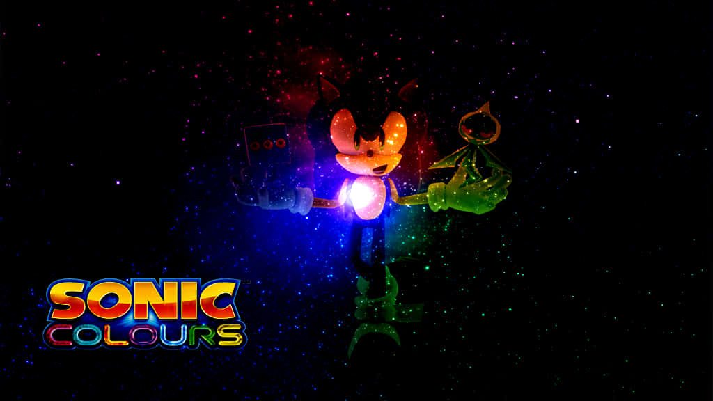 遊戲 桌布 壁紙 — Sonic the Hedgehog 在星空宇宙背景下散發彩虹能量，手持綠色戒指和發光球體。