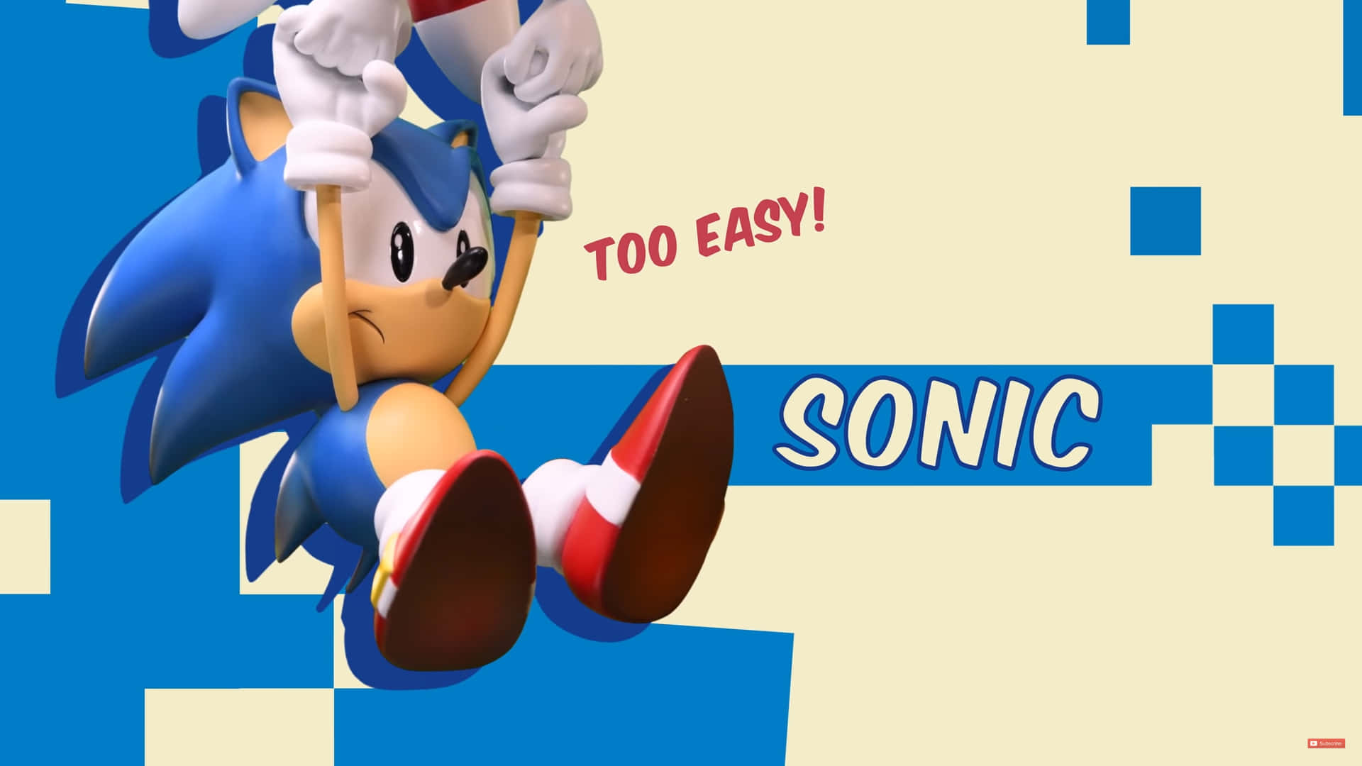 Classic Sonic 桌布 壁紙 — Sonic the Hedgehog 在藍色和奶油色格紋背景上半空懸掛，露出得意的笑容，並有『TOO EASY!』字樣。