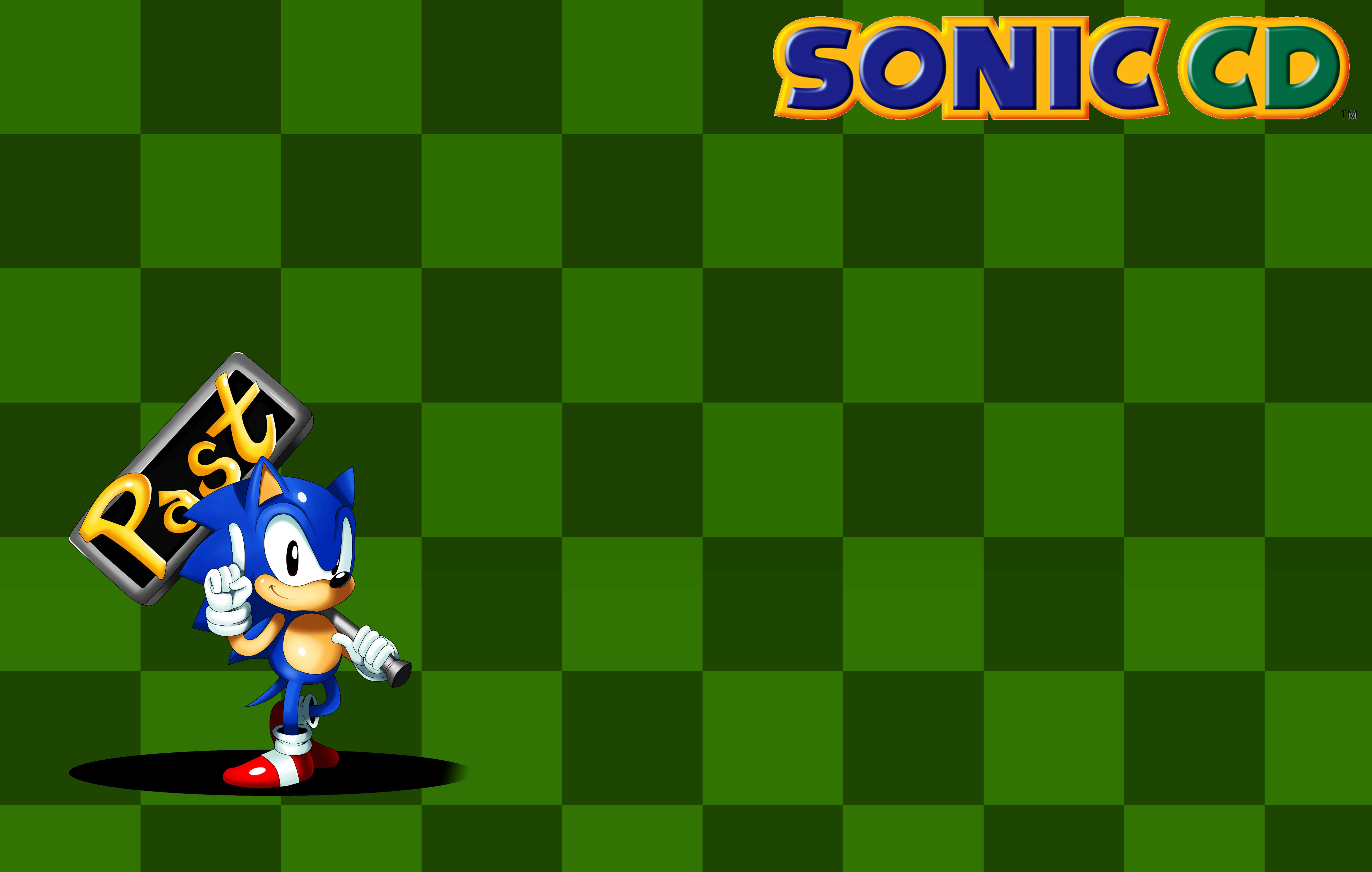 Sonic Cd 桌布 壁紙 — Sonic the Hedgehog 在綠色格子背景前舉起一個寫著「Past」的牌子，上方有「SONIC CD」標誌。