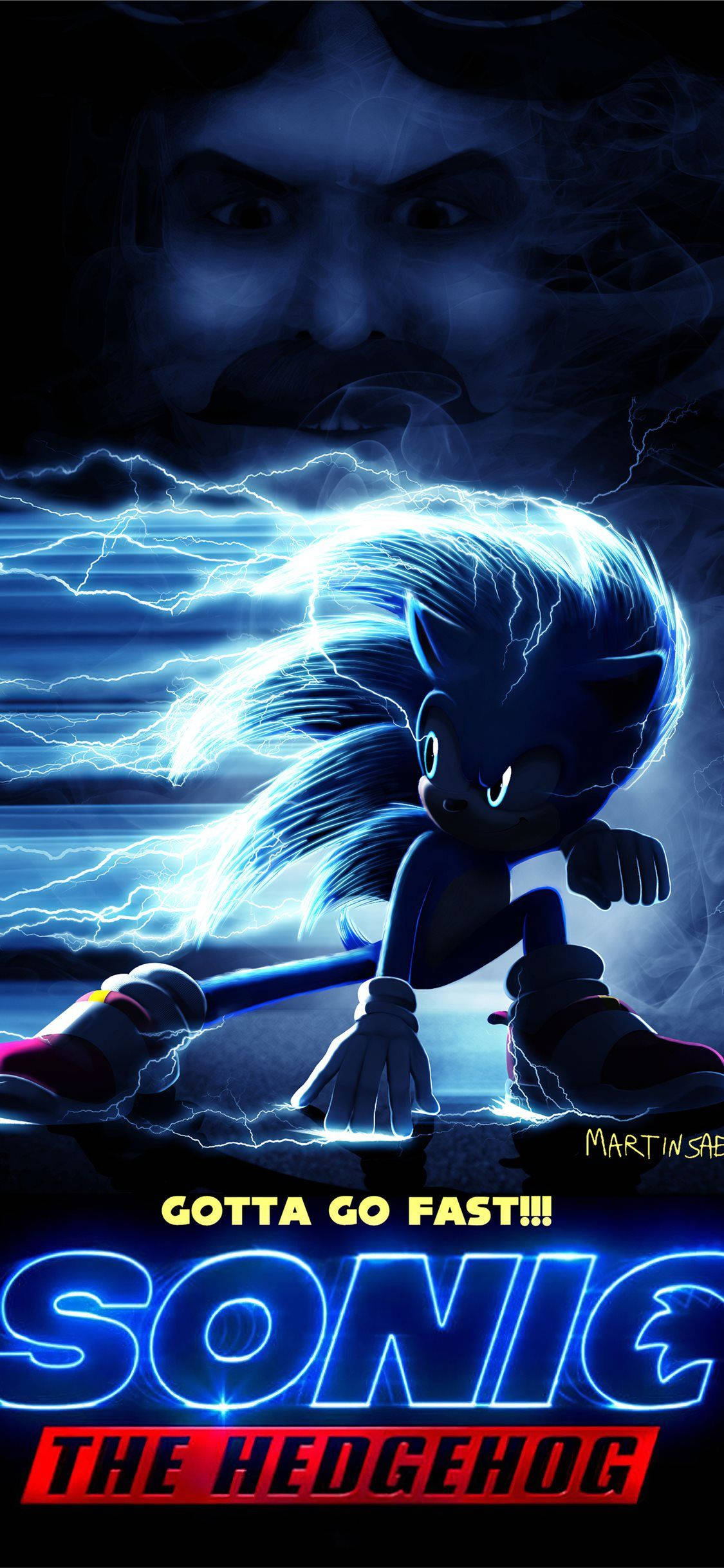 電玩遊戲 桌布 壁紙 — Sonic the Hedgehog 以動態藍色閃電姿勢出現，背後有一個威脅性的面孔若隱若現。