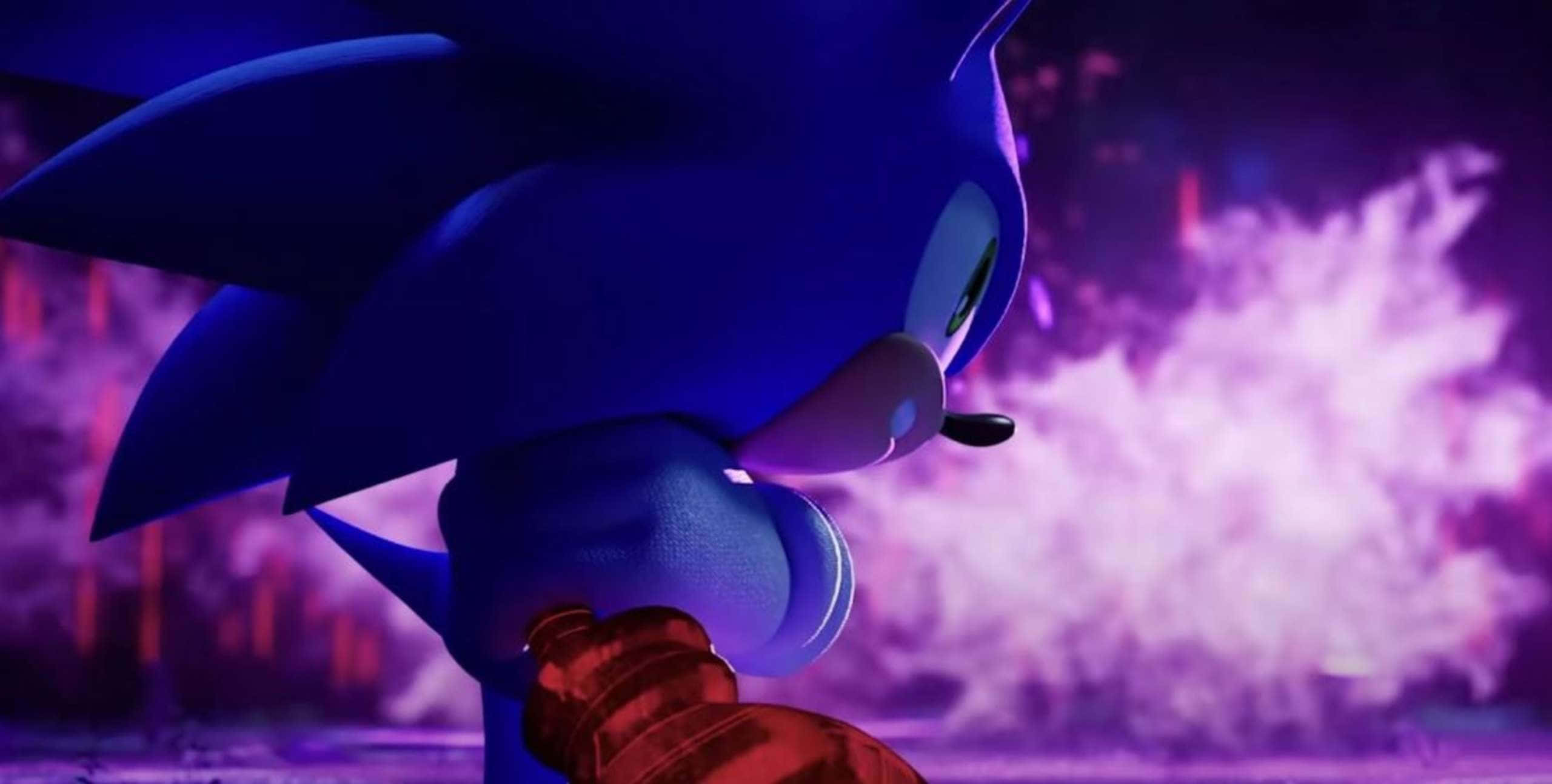 Modern Sonic 桌布 壁紙 — Sonic the Hedgehog 以動感姿態，背景是煙霧瀰漫的紫紅色霓虹城市景觀。