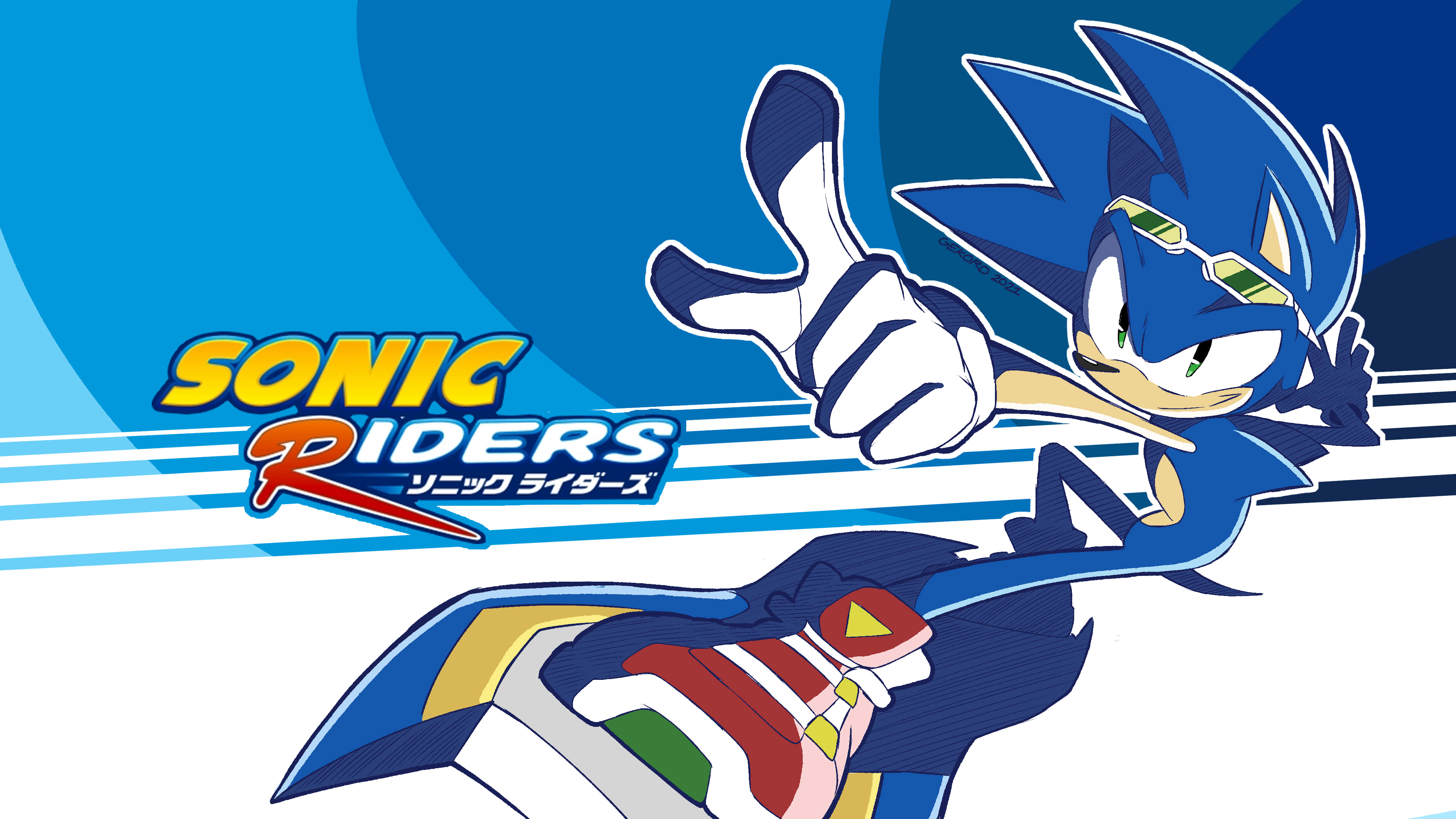 Sonic Characters 桌布 壁紙 — Sonic the Hedgehog 以動感姿態站在未來風格的懸浮滑板上，大膽的藍白條紋在漸變藍色背景上格外醒目。