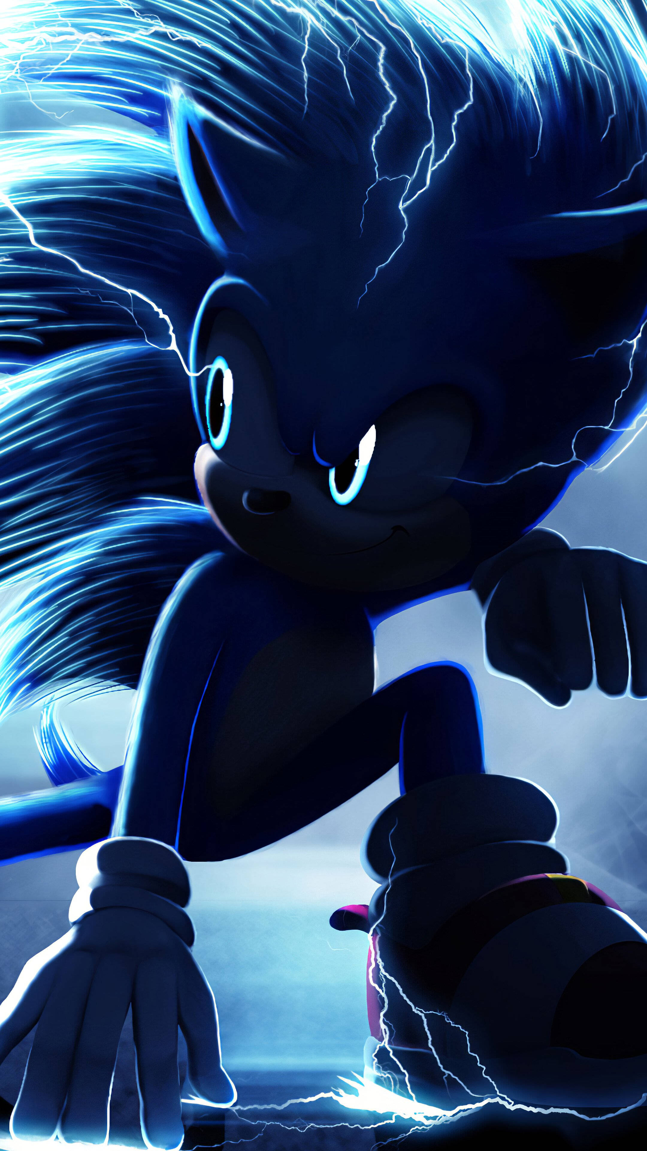 手機 桌布 壁紙 — Sonic the Hedgehog 以動態姿勢被電藍色閃電包圍，背景為深色。