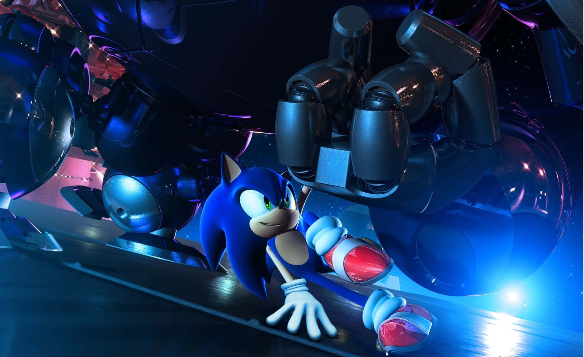 Sonic City Escape 桌布 壁紙 — Sonic the Hedgehog 以動感姿勢被未來金屬機械包圍，在發光的藍光下。