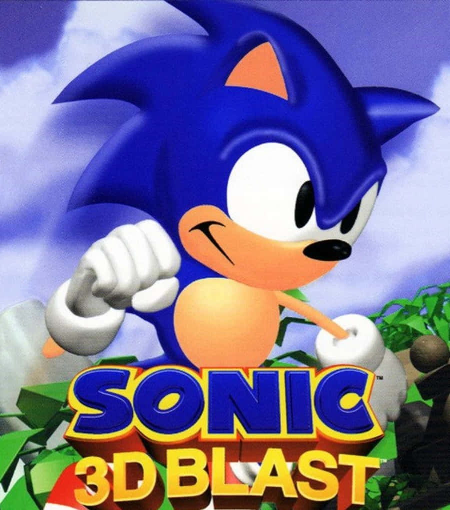 Sonic 3d Blast 桌布 壁紙 — Sonic the Hedgehog 以動態姿勢握緊拳頭，背景為多雲的天空和綠色樹葉。