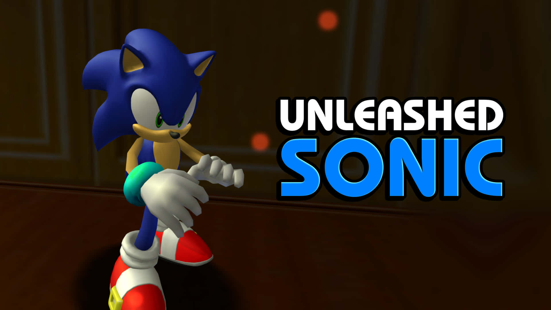索尼克 桌布 壁紙 — Sonic the Hedgehog 以動感姿勢呈現，帶有「UNLEASHED SONIC」文字，背景為深色木紋。