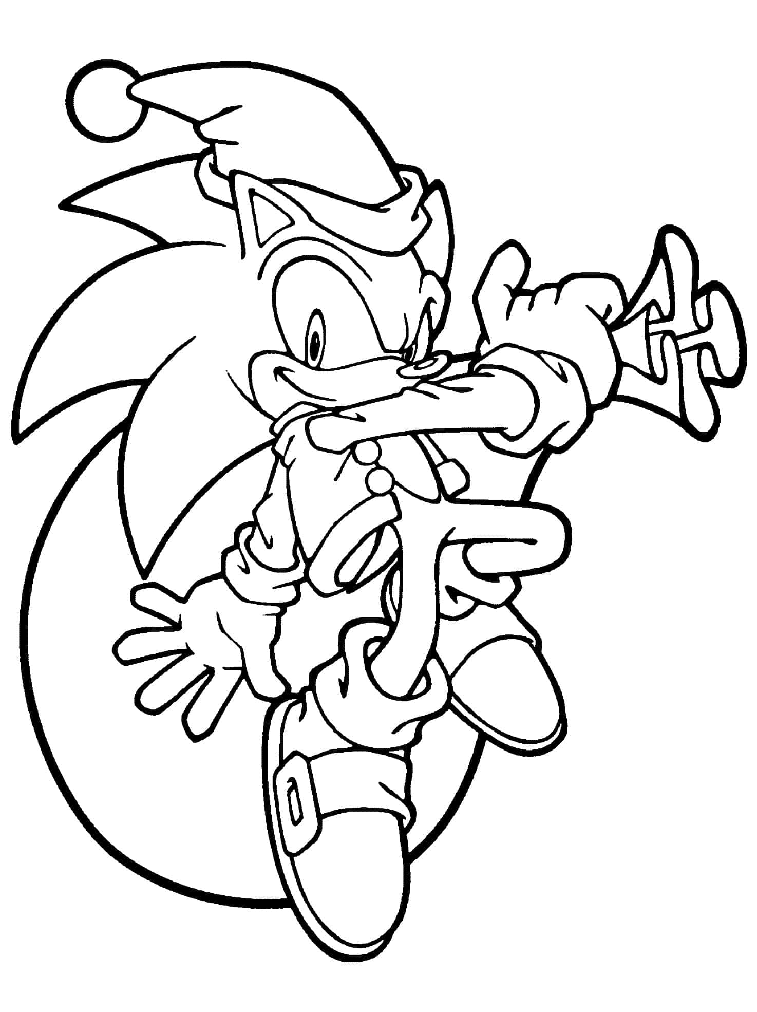 黑白 桌布 壁紙 — Sonic the Hedgehog 戴上節日小丑帽，手持小號，擺出動感姿勢，以黑白線條勾勒。