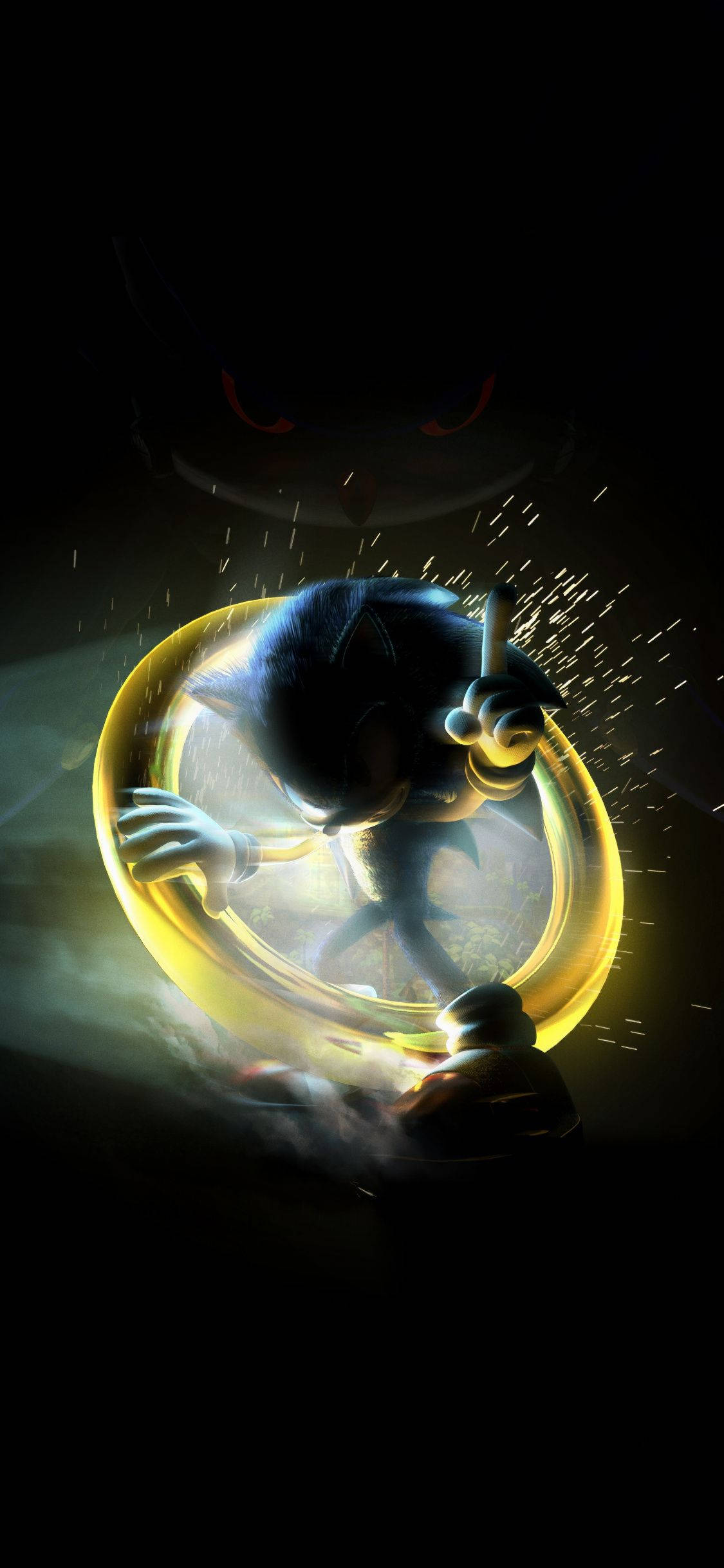 Dark Sonic 桌布 壁紙 — Sonic the Hedgehog 在一個發光的金色圓環中，在黑暗背景下與一個紅眼陰影人物戰鬥。