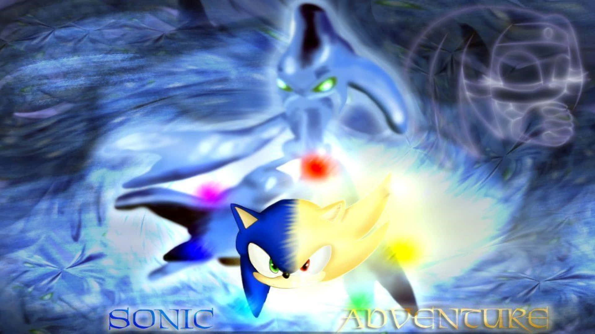 Sonic Adventure HD 桌布 壁紙 — Sonic the Hedgehog 以藍黃分離的形態向前衝刺，背景是旋轉的藍色能量，身後隱約出現一個幽靈般的龍形身影。