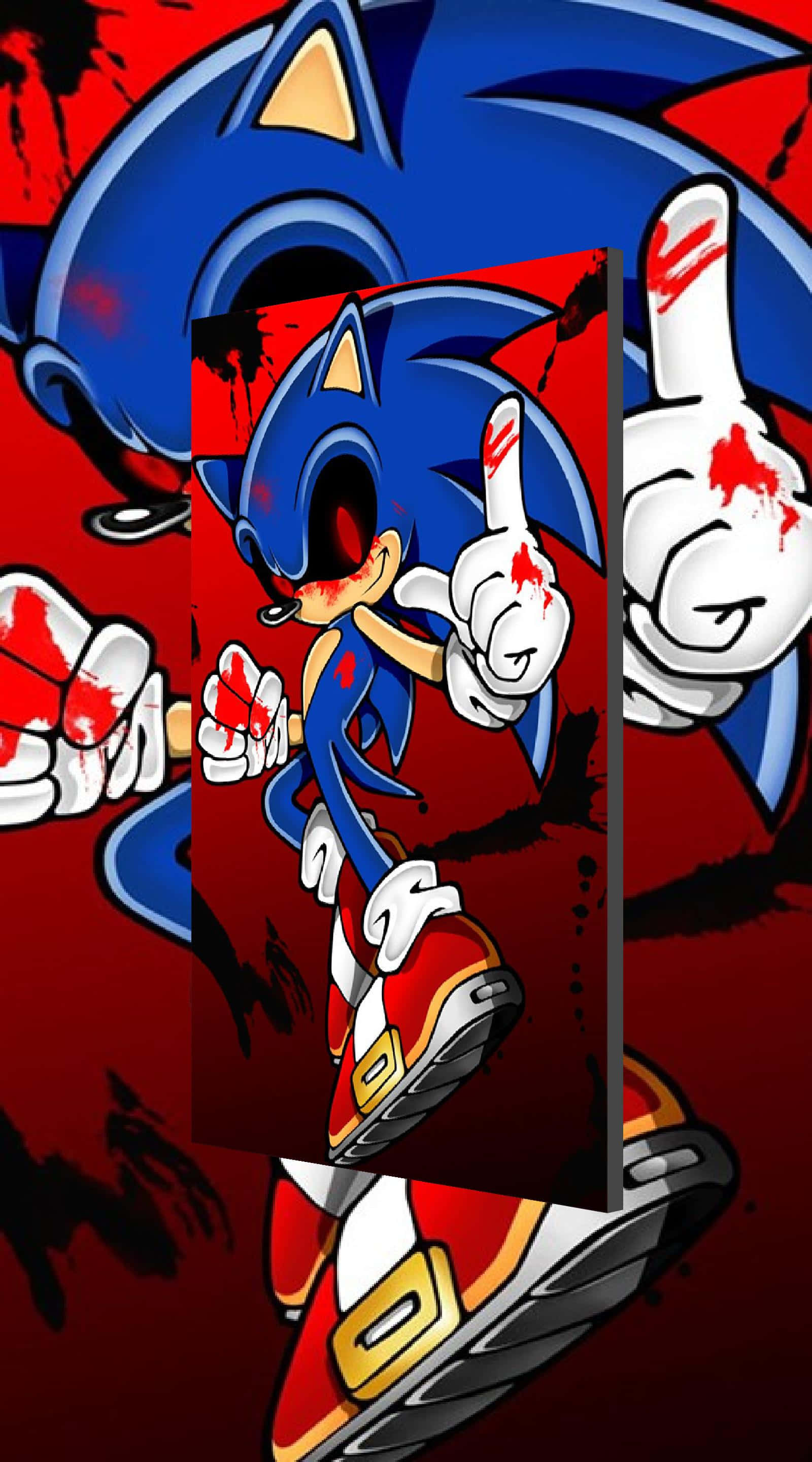Sonic Exe 桌布 壁紙 — Sonic the Hedgehog 以暴力動漫風格呈現，手套上沾有血跡，背景為紅色。