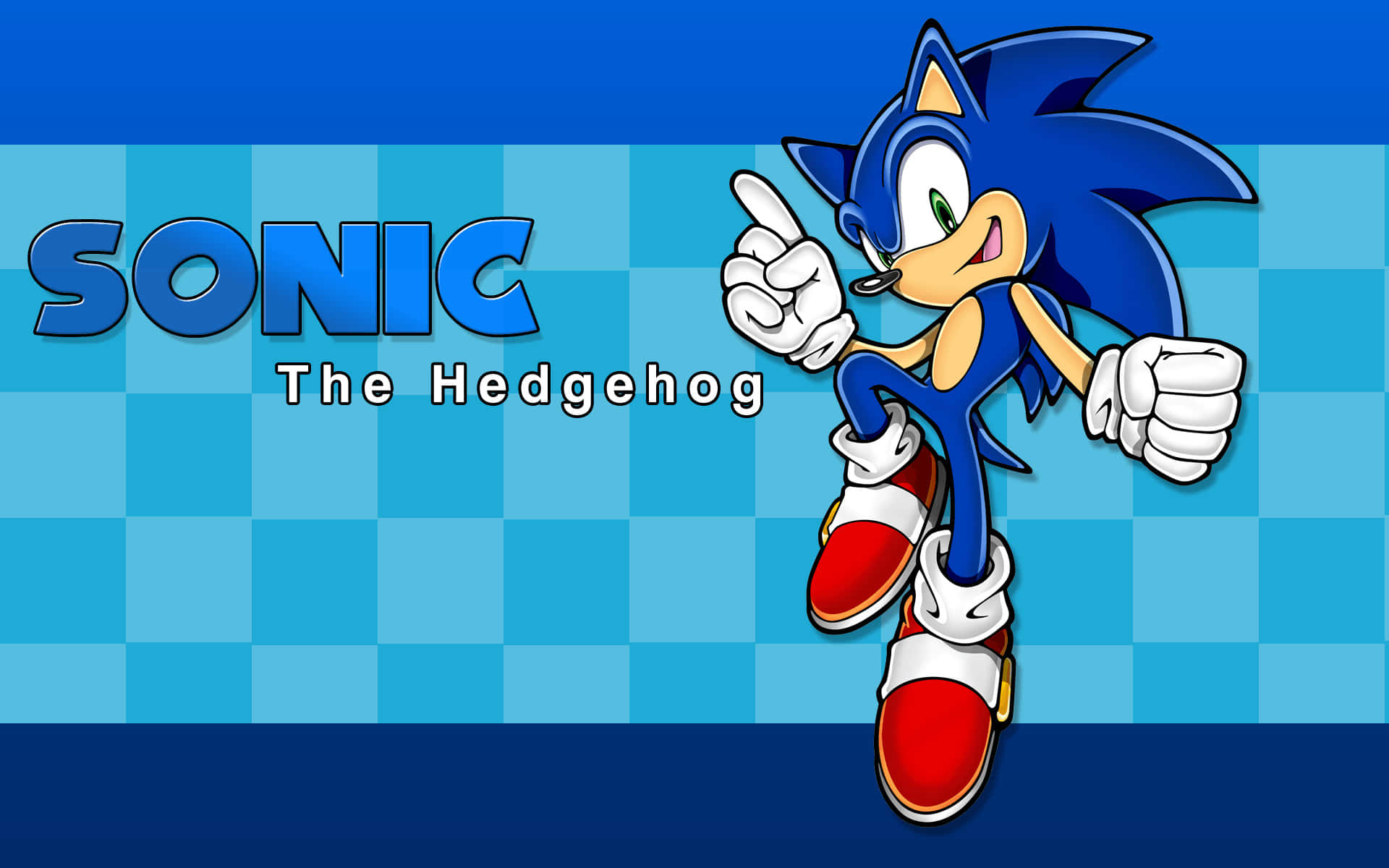 Sonic The Hedgehog 桌布 壁紙 — Sonic the Hedgehog 以經典藍紅姿勢站在藍色格紋背景上，並顯示其名字。