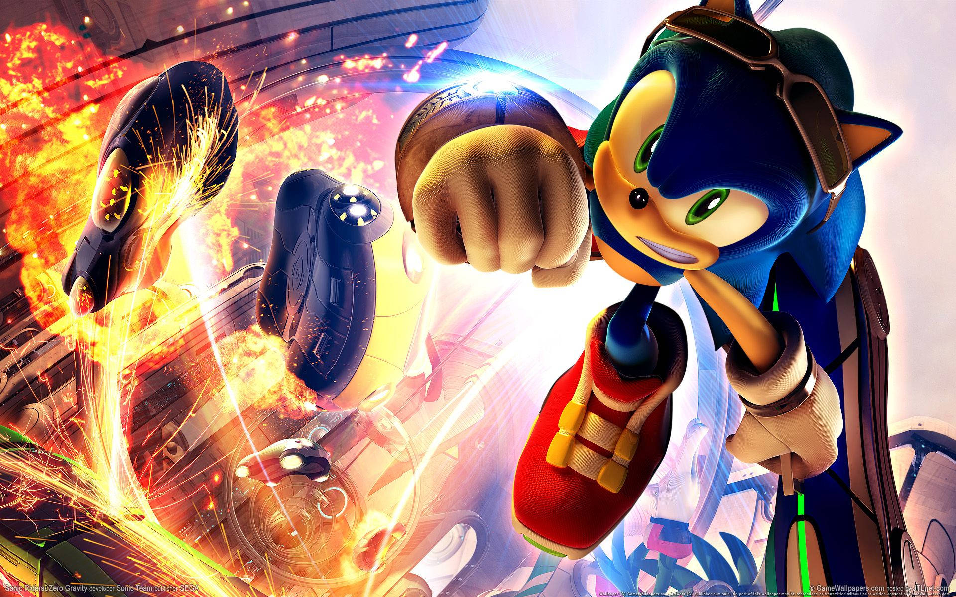 Sonic the Hedgehog 在高速動作場景中，伴隨爆炸和未來科技。 — Microsoft Teams 壁紙