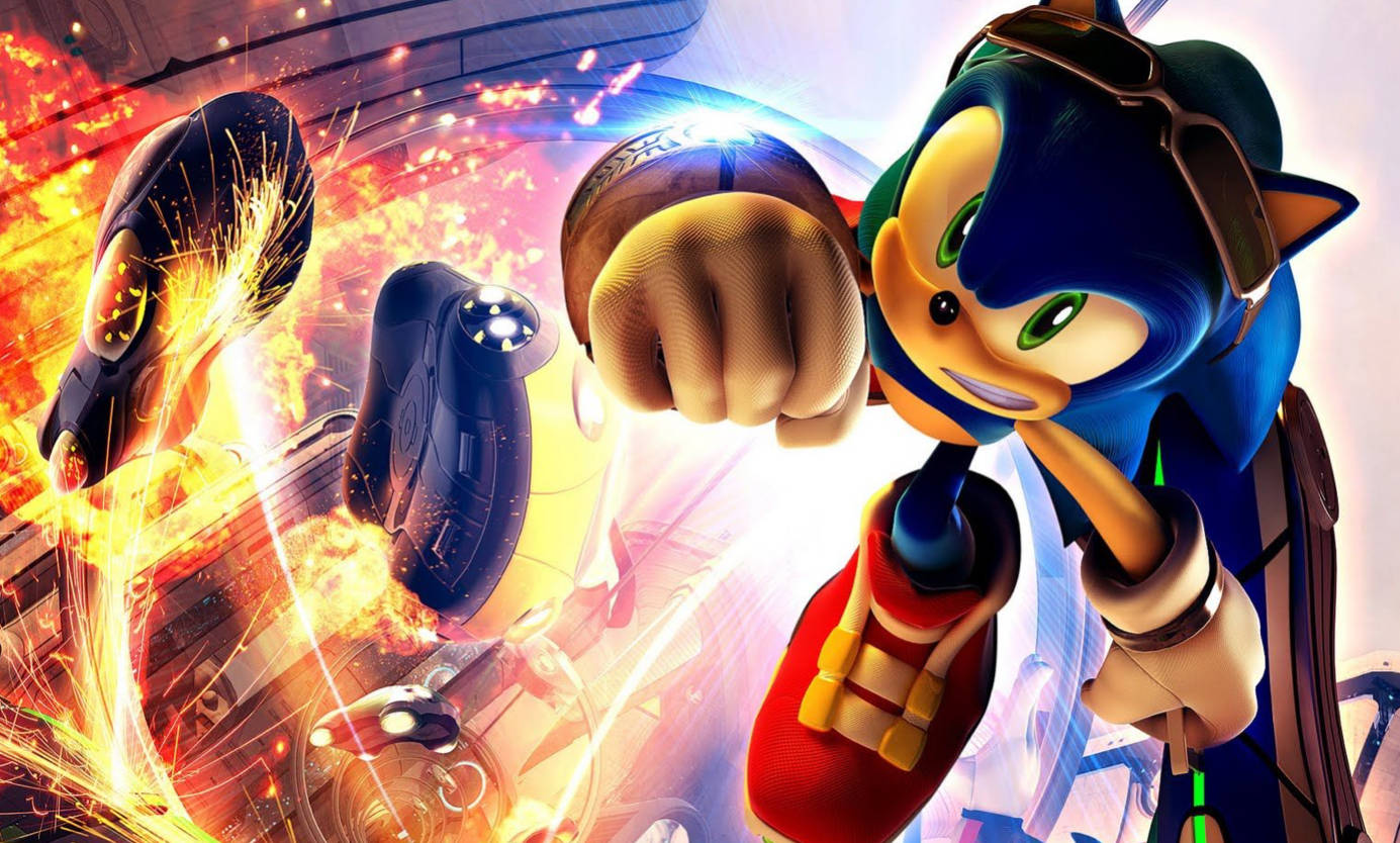 Sonic the Hedgehog 在高速動作場景中，伴隨著爆炸和未來車輛。 — 4K 壁紙