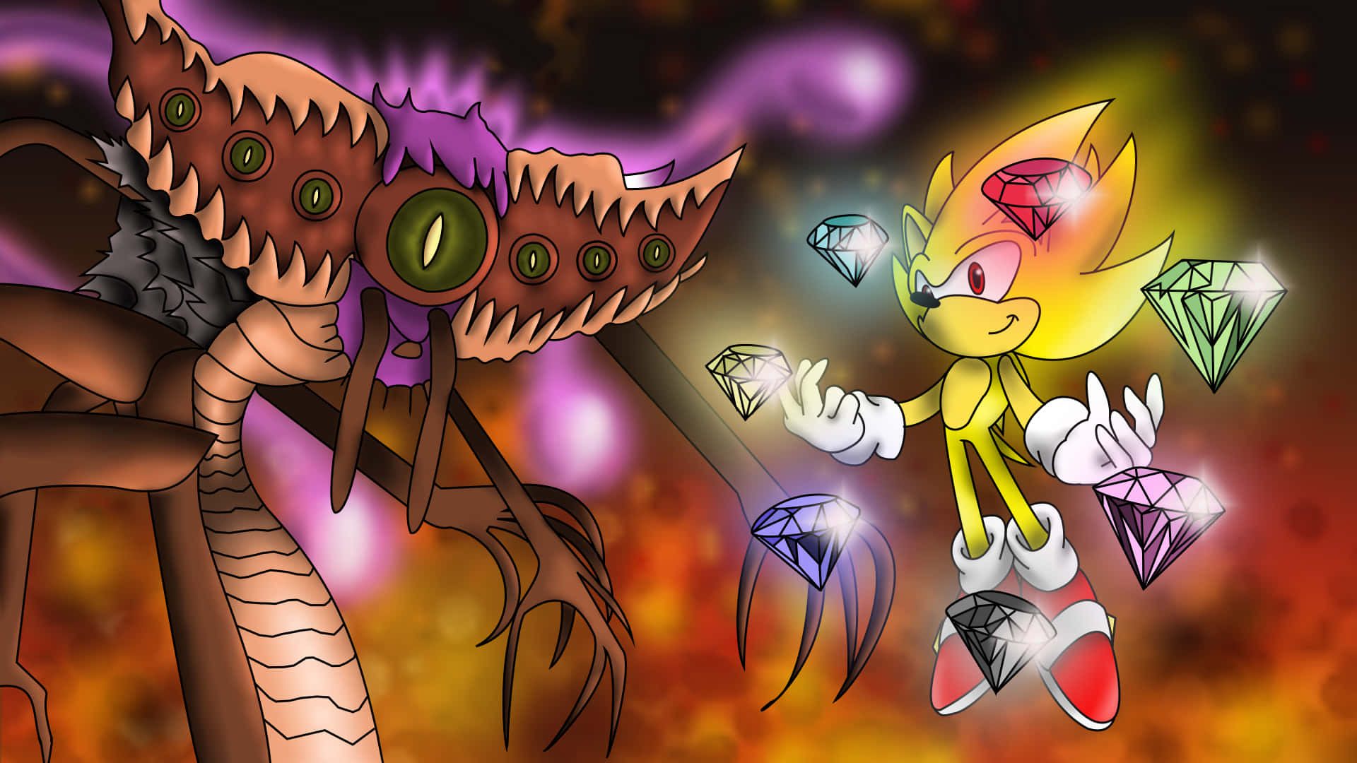 Super Sonic 桌布 壁紙 — Sonic the Hedgehog 以火黃色形態手持發光寶石，面對一隻多眼怪獸昆蟲，背景是宇宙星雲。