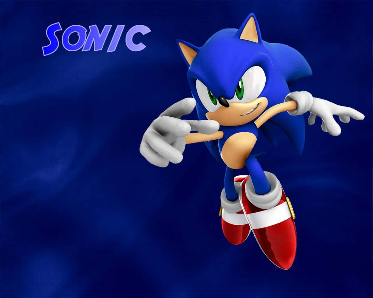 Classic Sonic 桌布 壁紙 — Sonic the Hedgehog 在深藍色漸變背景中奔跑，他的名字以風格化文字呈現。