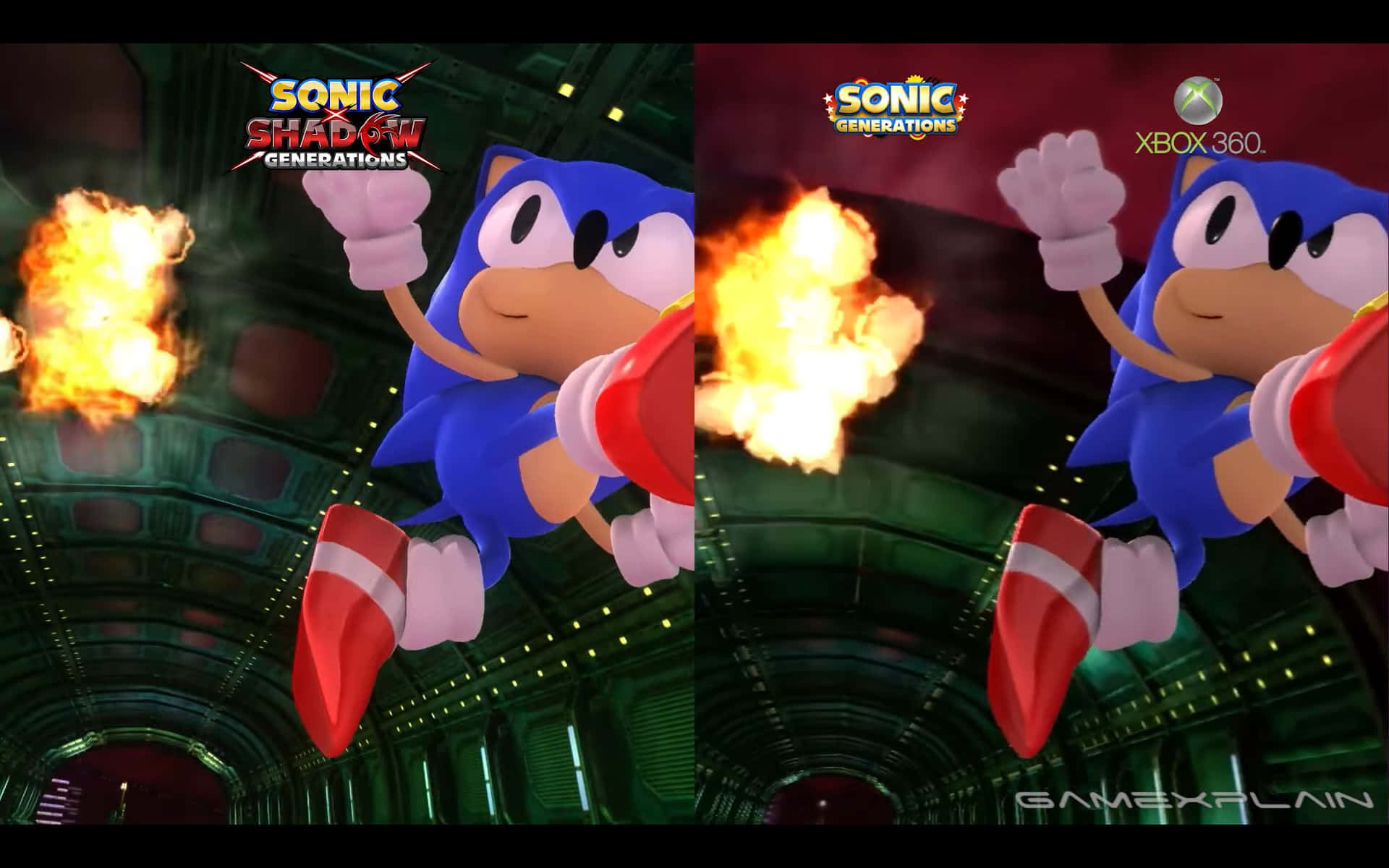  壁紙 — Sonic the Hedgehog 在空中以火焰旋轉攻擊，身處未來風格的綠色隧道內。