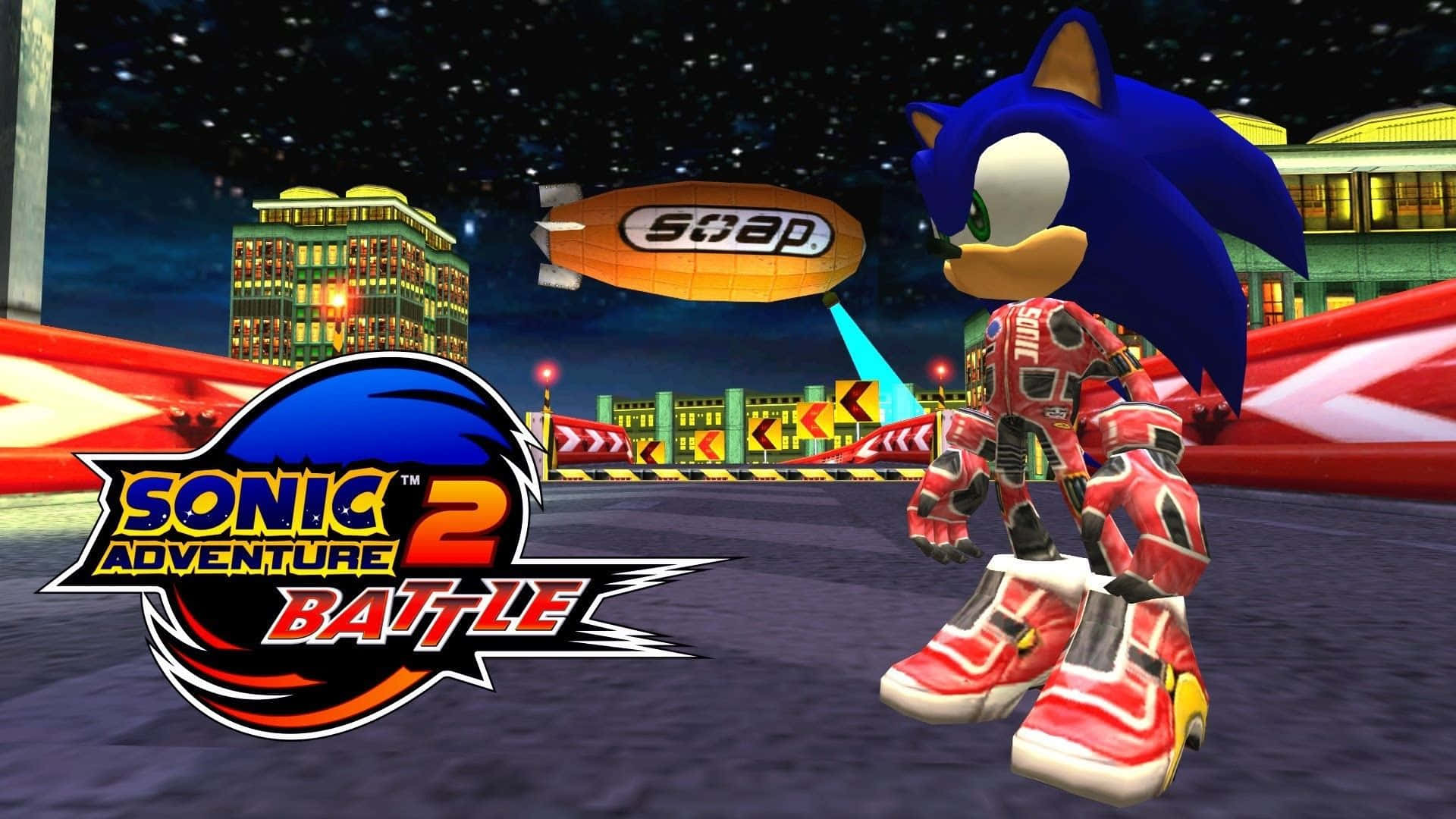  壁紙 — Sonic the Hedgehog 身穿紅色戰鬥裝甲，站在夜晚霓虹燈閃爍的城市中，頭頂漂浮著一艘「SOAP」飛船。