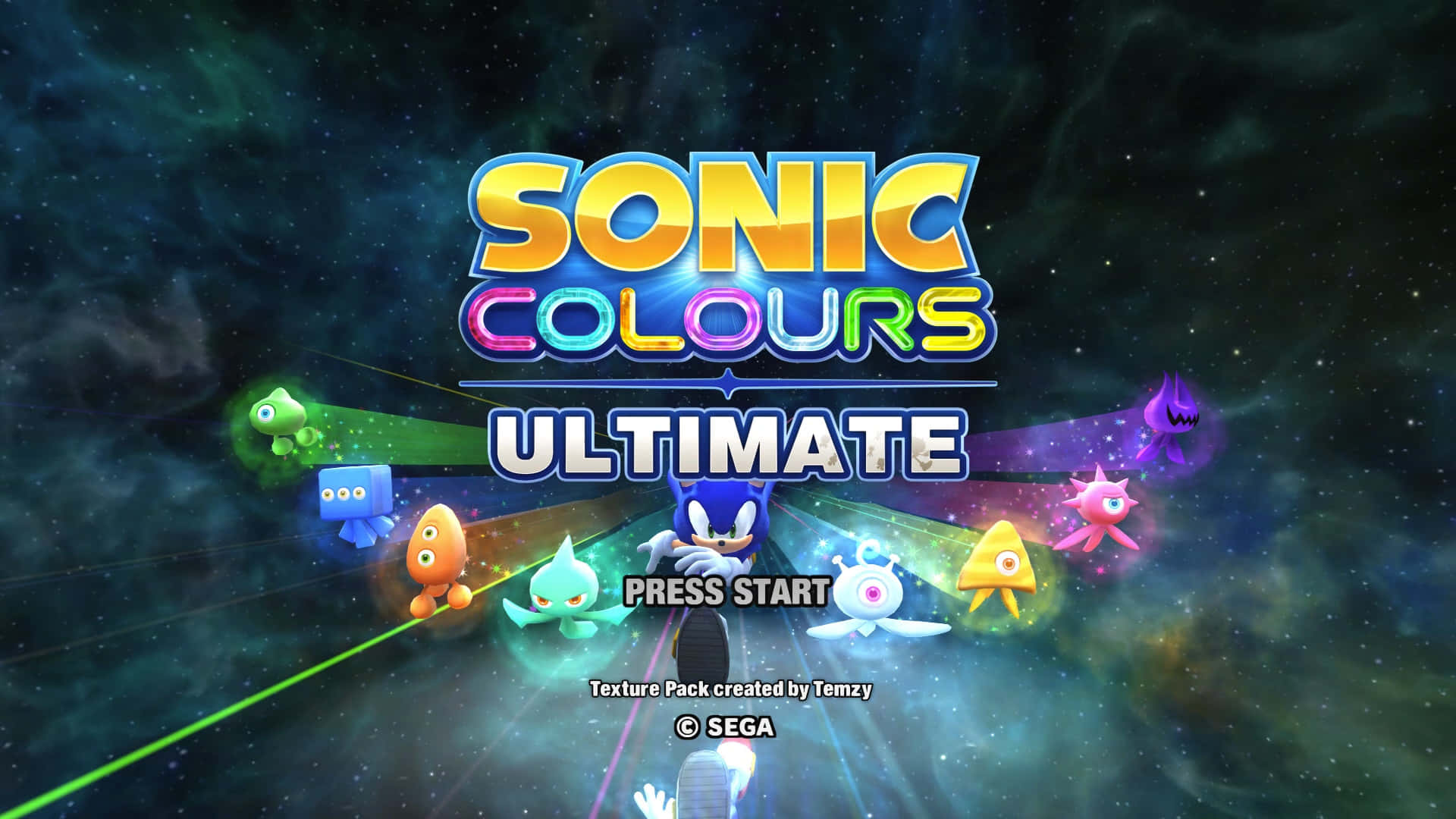 遊戲 桌布 壁紙 — Sonic the Hedgehog 在一個宇宙環境中準備就緒，周圍是色彩繽紛的外星生物和發光軌跡，背景是佈滿星星的星雲。