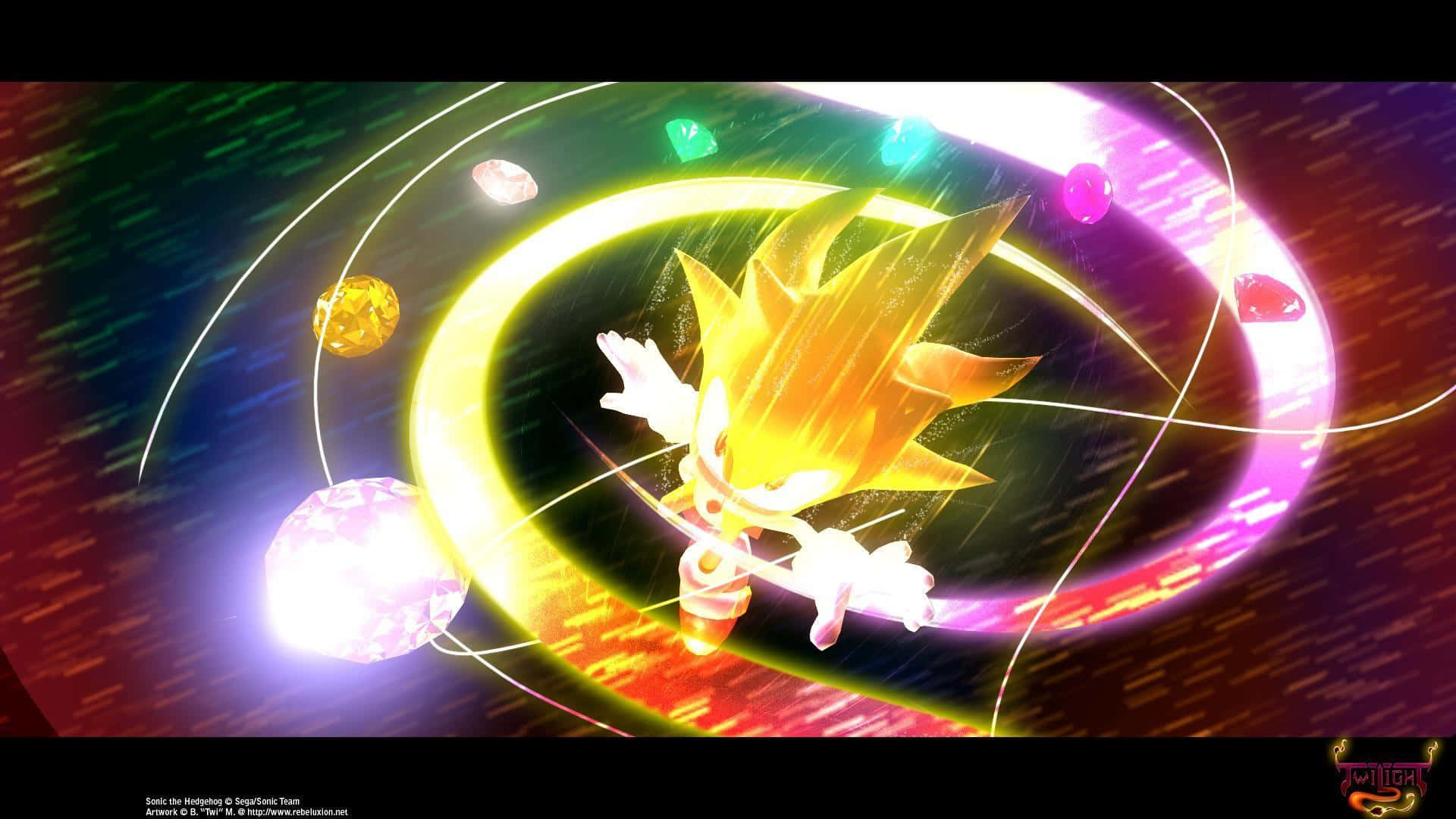 Chaos Emeralds 桌布 壁紙 — Sonic the Hedgehog 以超級索尼克型態衝過一個被發光寶石和光跡包圍的宇宙漩渦。