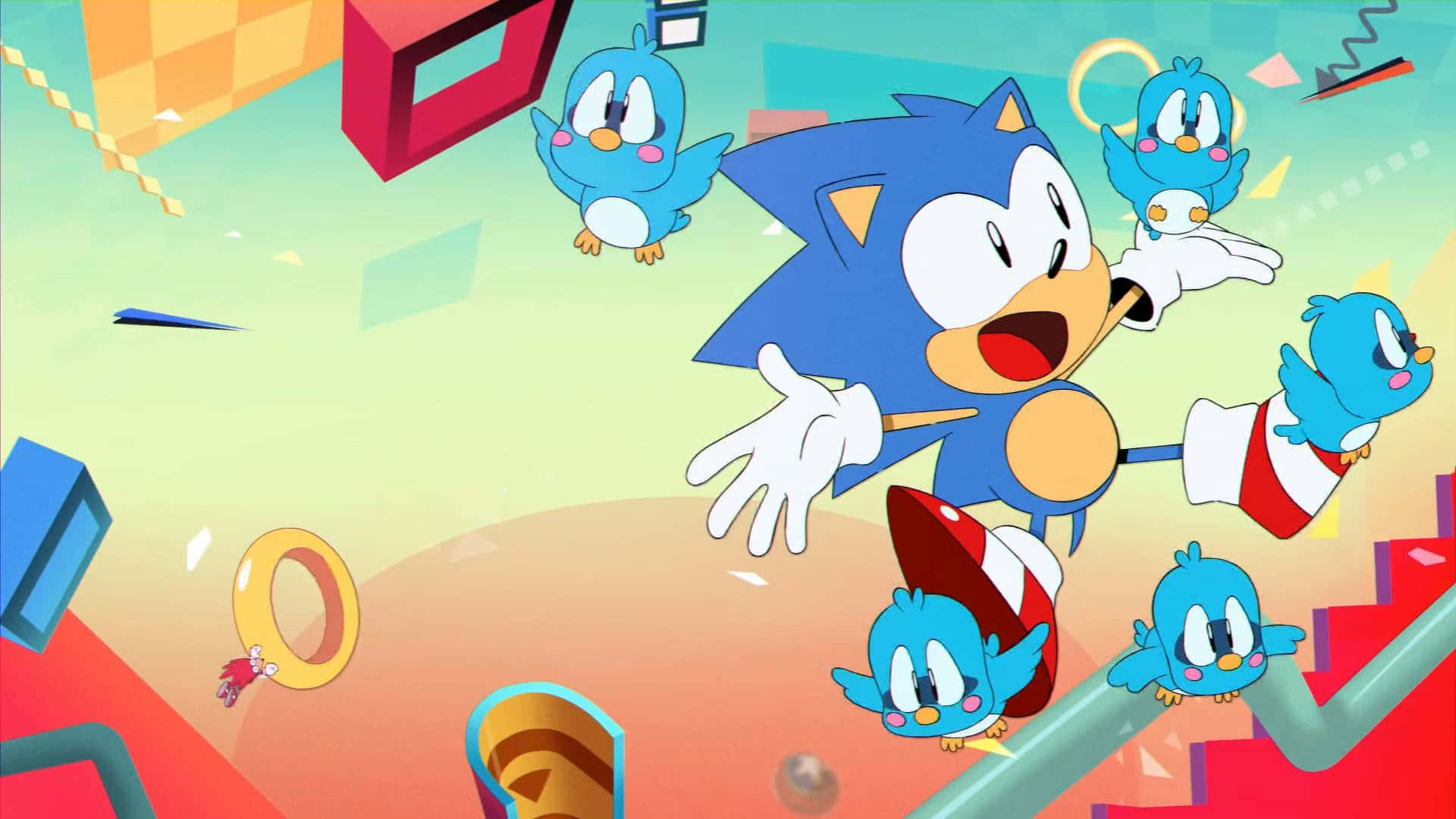 Sonic Fan Art 桌布 壁紙 — Sonic the Hedgehog 愉快地跳躍穿過色彩繽紛的3D遊戲世界，周圍有藍色鳥類生物和漂浮的圓環。