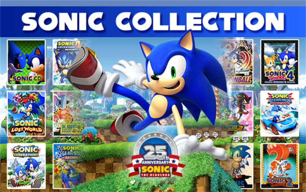 索尼克 桌布 壁紙 — Sonic the Hedgehog 動態地跳過充滿活力的綠色山丘，周圍環繞著遊戲封面，為25週年紀念系列。