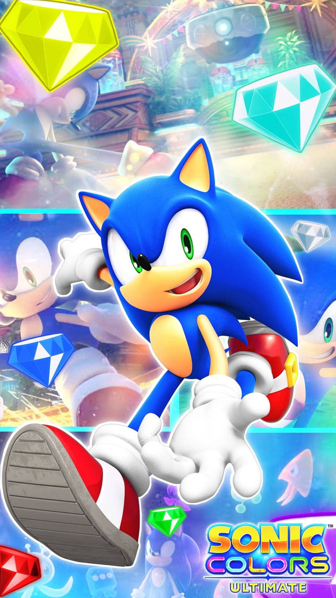 酷炫音速小子 桌布 壁紙 — Sonic the Hedgehog 動態地跳躍穿過一個充滿活力、鑲嵌寶石的遊戲世界，背景色彩繽紛，水晶漂浮其中。