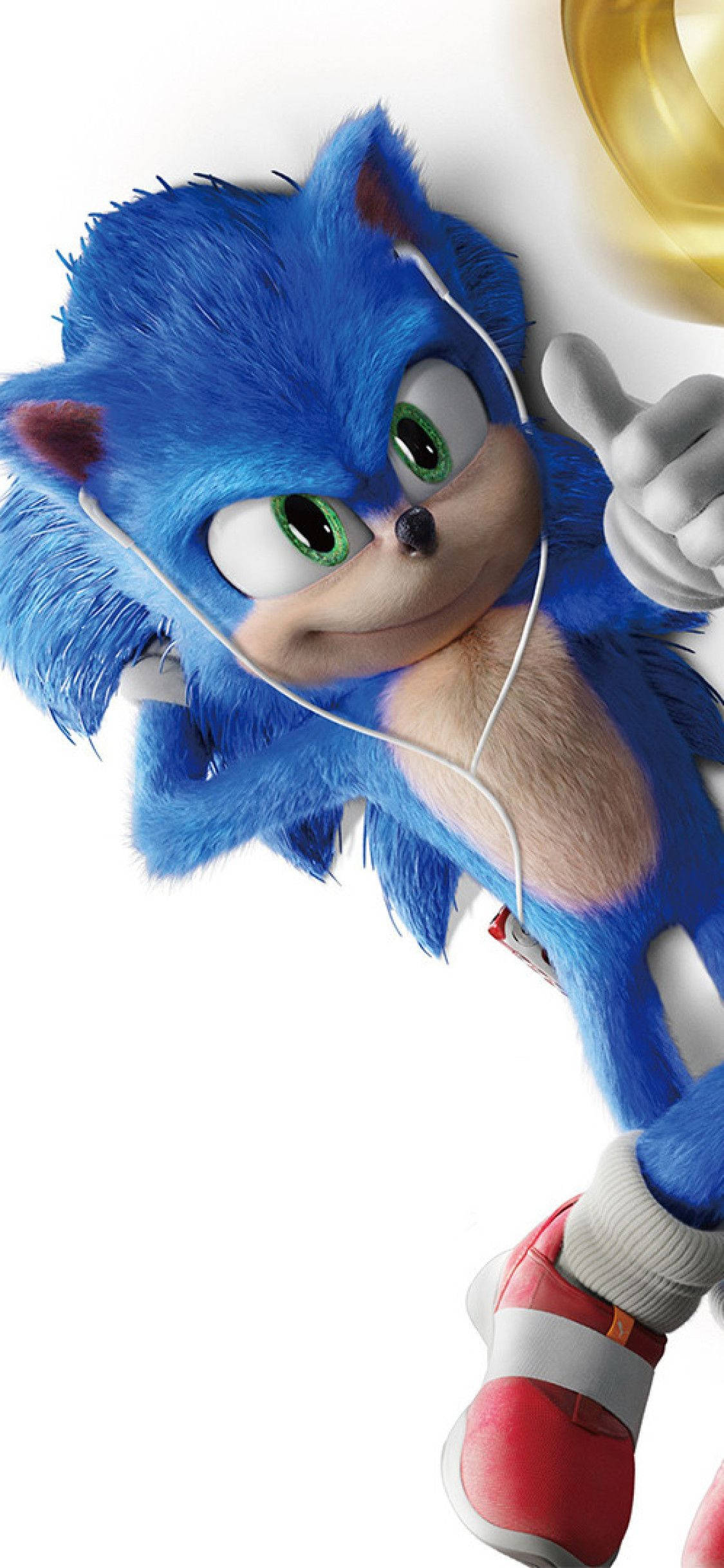 索尼克 桌布 壁紙 — Sonic the Hedgehog 悠閒地戴著耳塞，在明亮的白色背景上豎起大拇指。