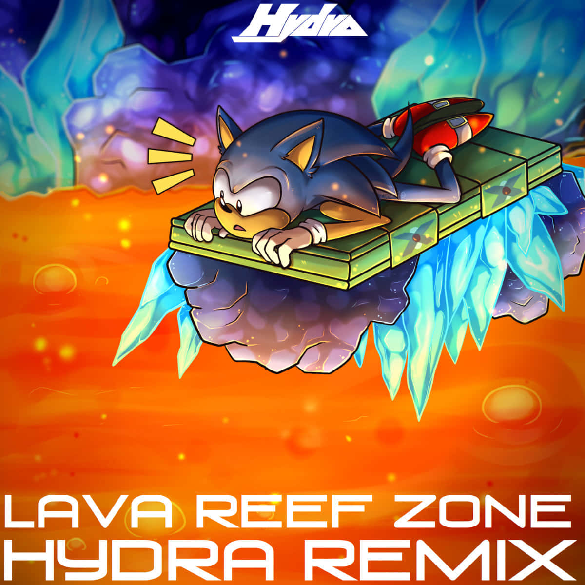 Sonic Lava Reef 桌布 壁紙 — Sonic the Hedgehog 疲憊地躺在一個漂浮的綠色平台上，下方是熾熱的熔岩海，周圍有發光的藍色冰晶。