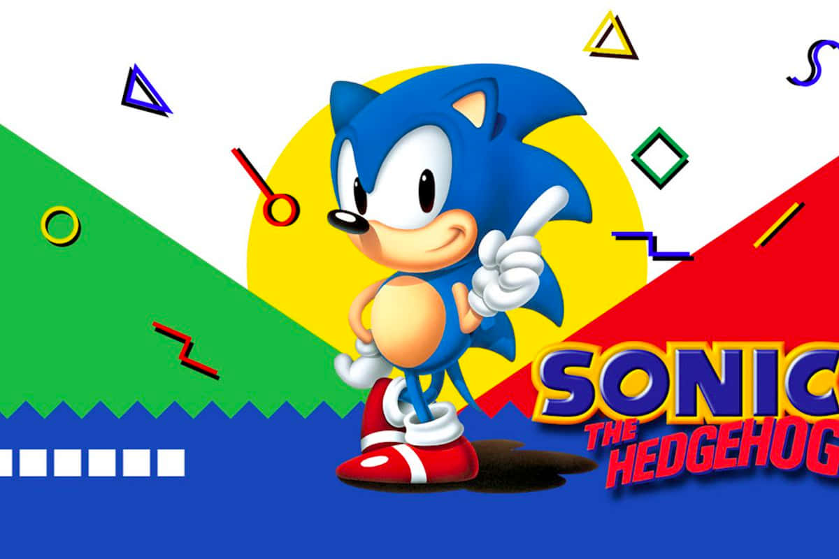 索尼克 桌布 壁紙 — Sonic the Hedgehog 自信地指向一個充滿活力的90年代幾何背景，帶有鮮明的原色。