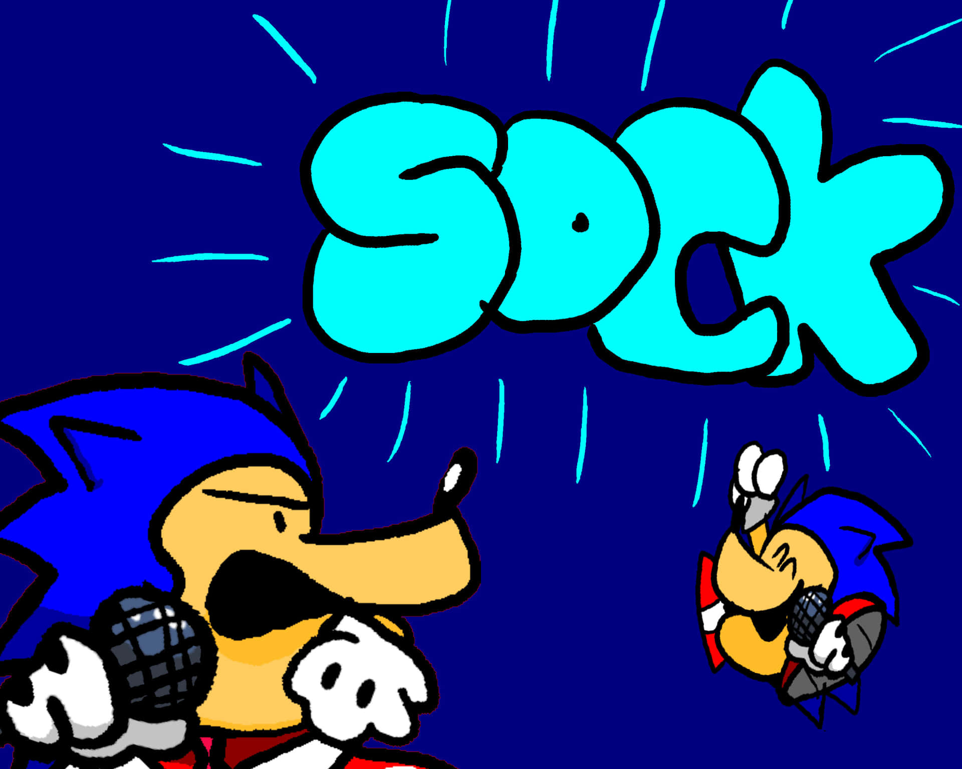  壁紙 — Sonic the Hedgehog 在深藍色背景上以卡通「SOCK」音效出拳。