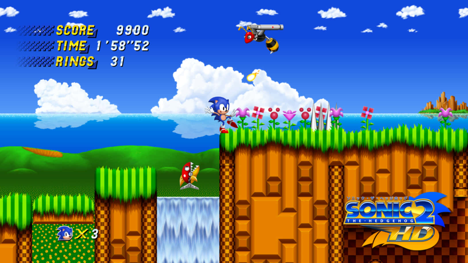 桌布 壁紙 — Sonic the Hedgehog 在明亮的藍天下，穿越充滿瀑布、花朵和蜜蜂敵人的生動2D平台關卡。