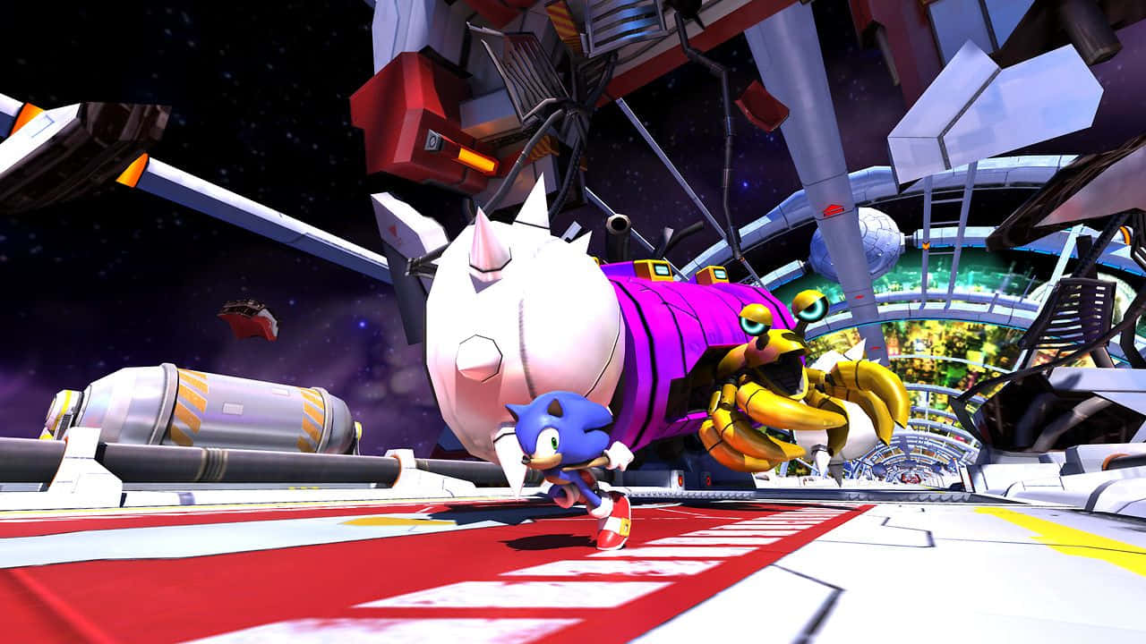遊戲 桌布 壁紙 — Sonic the Hedgehog 在未來感的太空站走廊奔馳，在星空下躲避機械敵人。