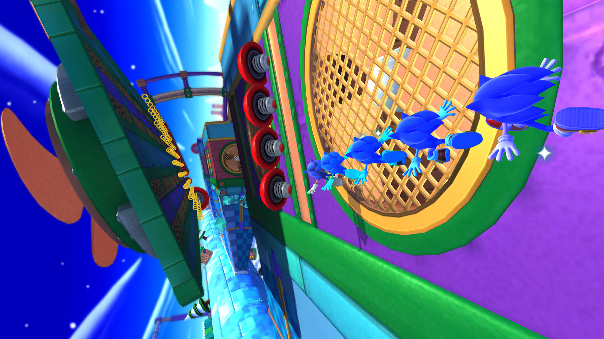World 桌布 壁紙 — Sonic the Hedgehog 在充滿活力的未來賽道上疾馳，賽道上有霓虹燈和旋轉的圓環，背景是星空。