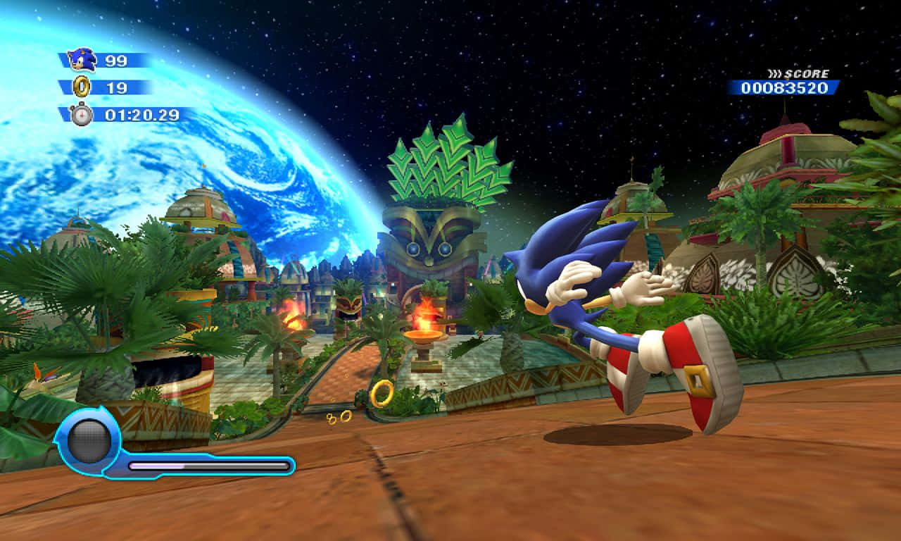 Sonic Colors 桌布 壁紙 — Sonic the Hedgehog 在充滿活力的叢林關卡中奔馳，夜空中有巨大的藍色星球。