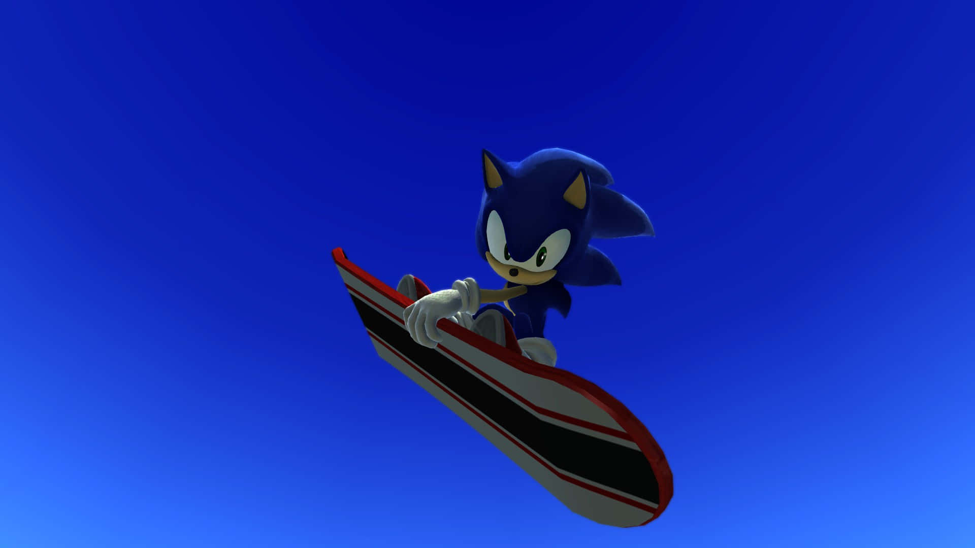 Modern Sonic 桌布 壁紙 — Sonic the Hedgehog 在純藍色天空背景下騎著一塊紅黑色的衝浪板。