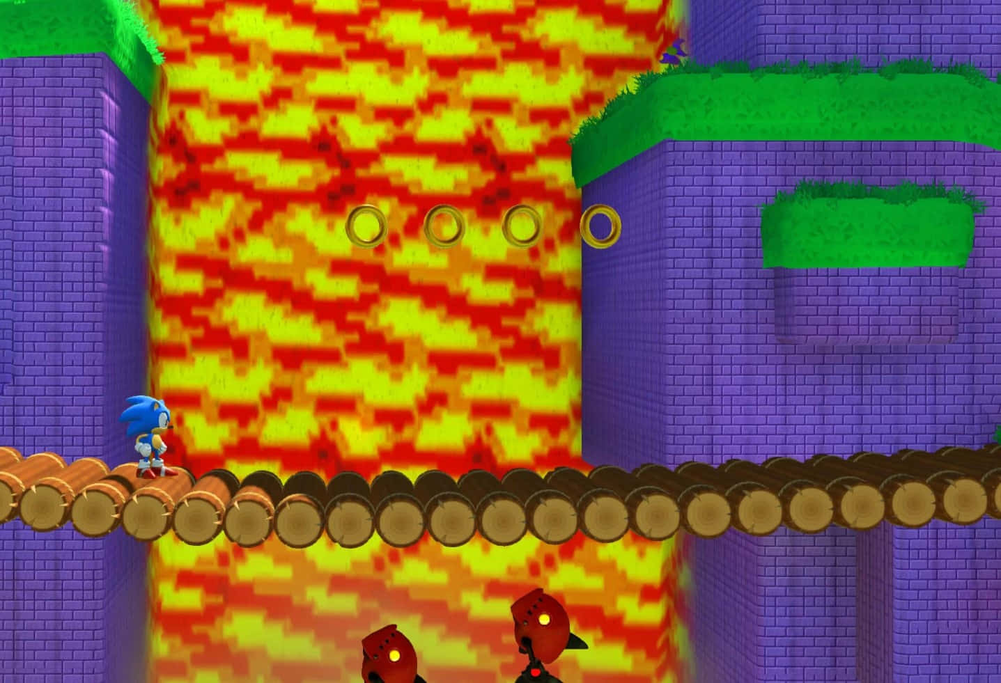  壁紙 — Sonic the Hedgehog 在一個充滿活力的像素化3D遊戲關卡中，跑過一條橫跨熔岩坑的圓木鏈。