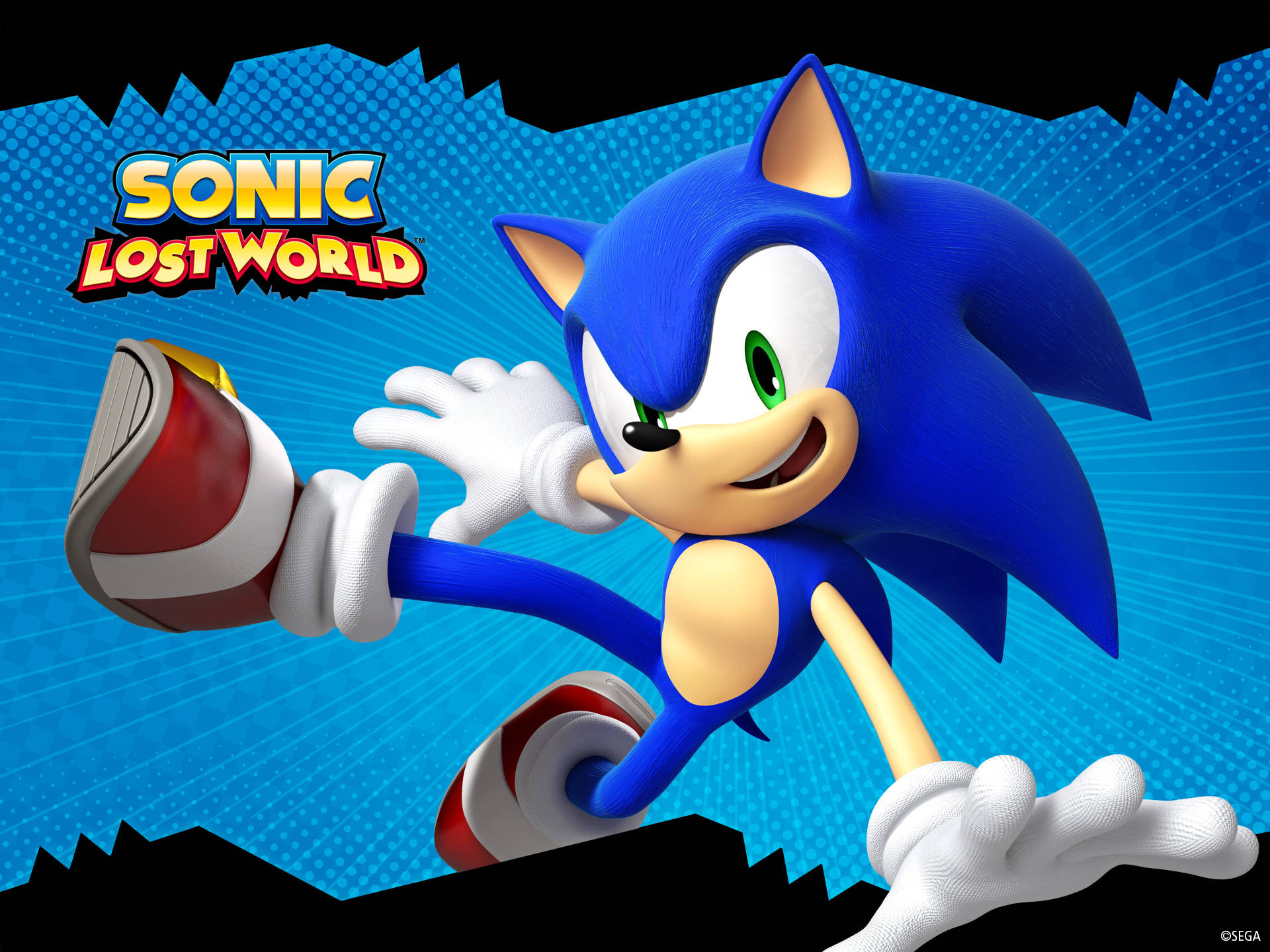 World 桌布 壁紙 — Sonic the Hedgehog 在藍色漫畫風格背景上動態奔跑，帶有 'Sonic Lost World' 標題。