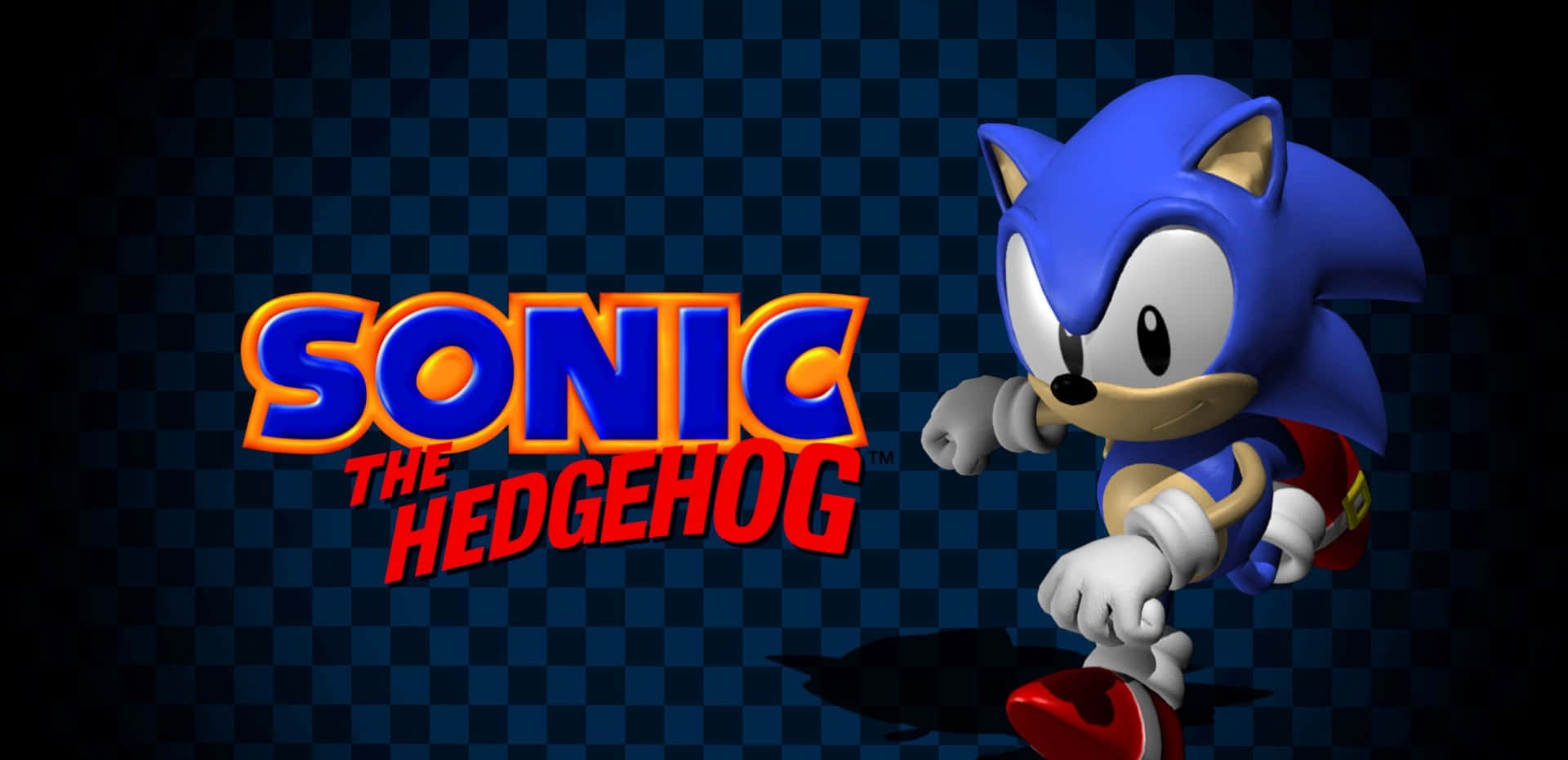 Classic Sonic 桌布 壁紙 — Sonic the Hedgehog 在深藍色方格背景上動態奔跑，他標誌性的標誌就在他旁邊。