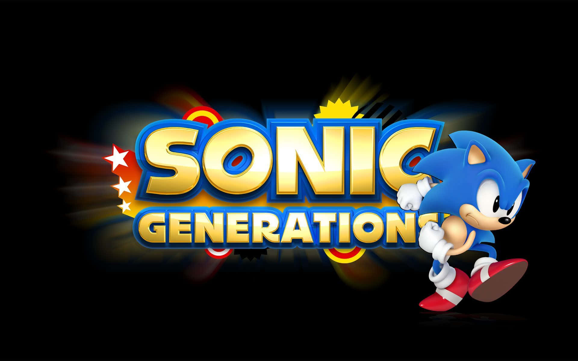 Sonic City Escape 桌布 壁紙 — Sonic the Hedgehog 在黑暗背景前，在發光的「Sonic Generation」標誌旁邊充滿活力地奔跑，帶有星爆效果。
