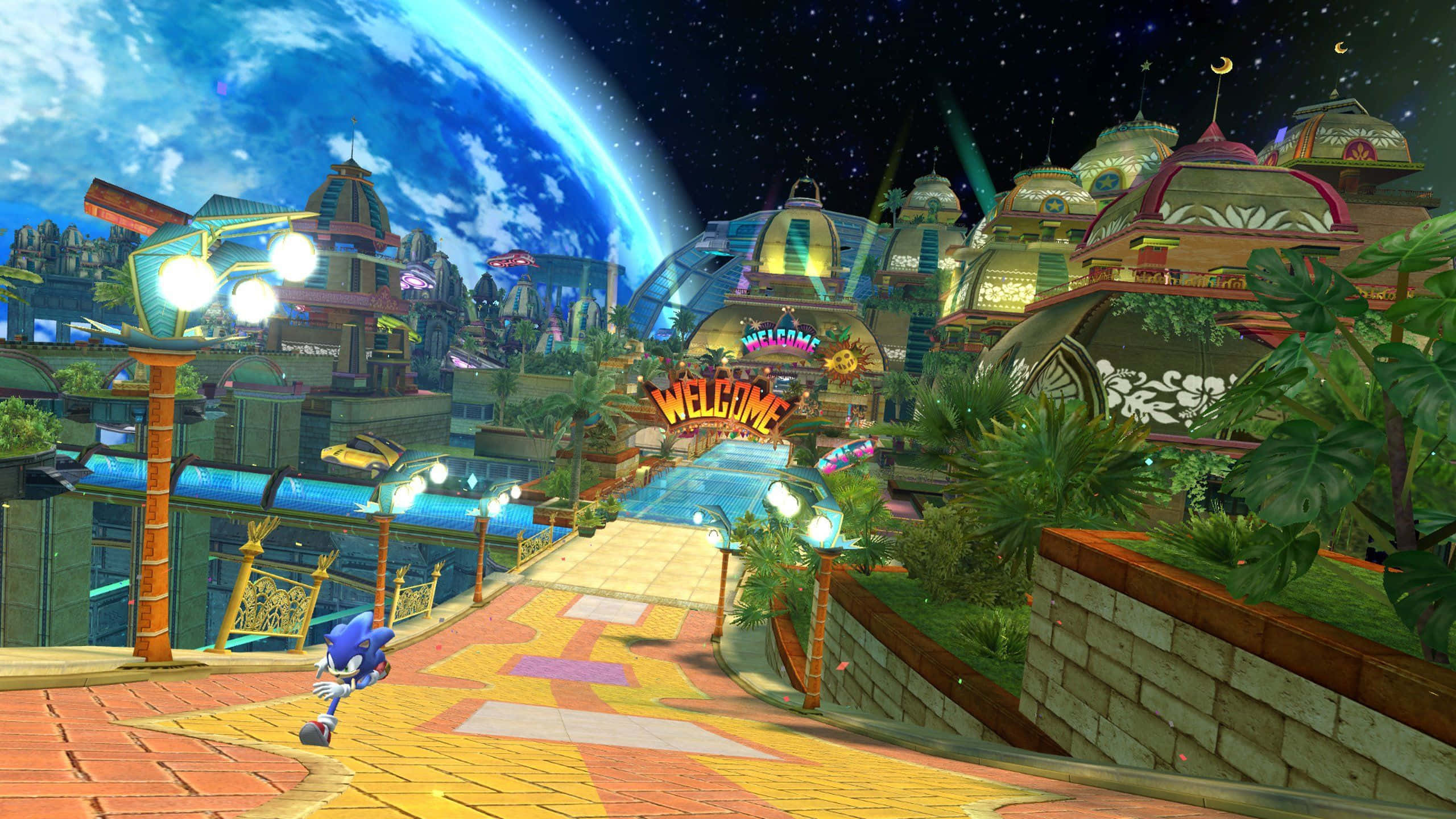 桌布 壁紙 — Sonic the Hedgehog 在星空下穿過充滿活力的外星城市景觀，一個巨大的藍色行星在頭頂 looming。