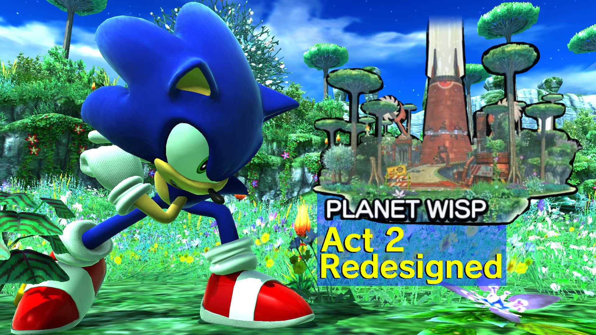 Sonic Planet Wisp 桌布 壁紙 — Sonic the Hedgehog 在行星Wisp的翠綠田野上奔跑，背景有紅色磚塔和漂浮的樹木。