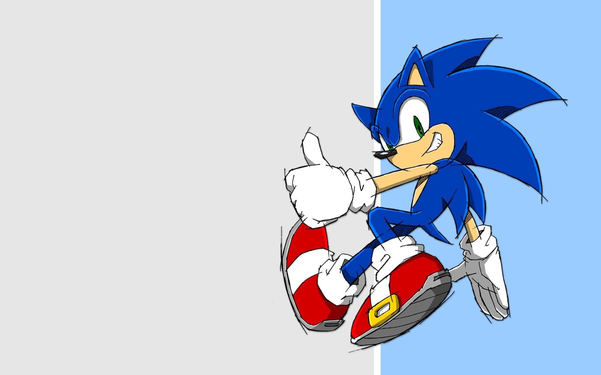 桌布 壁紙 — Sonic the Hedgehog 豎起大拇指，靠著一個分為灰色和藍色的背景。