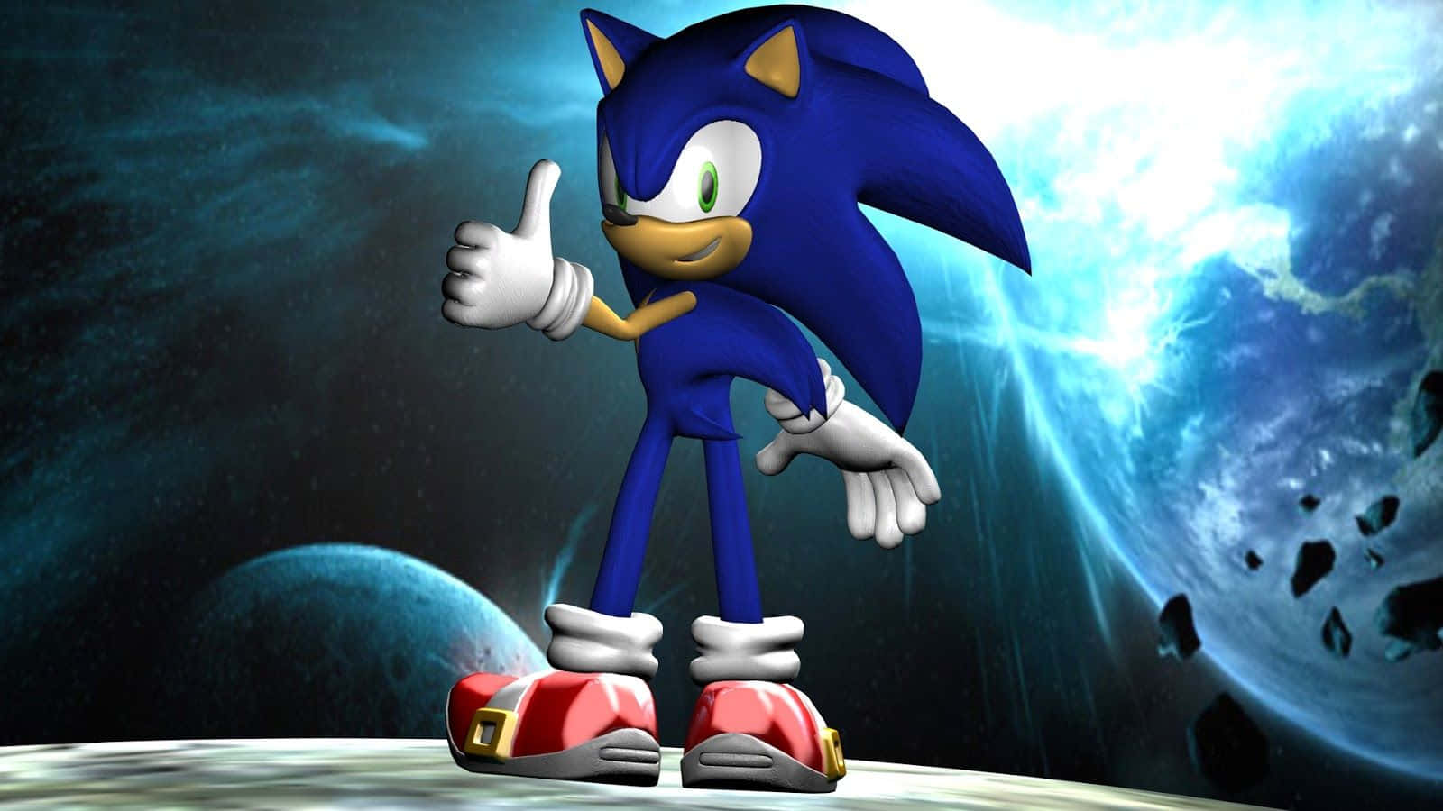 Cartoon 桌布 壁紙 — Sonic the Hedgehog 豎起大拇指，站在一個宇宙星球上，背後有發光的藍色星雲和漂浮的小行星。