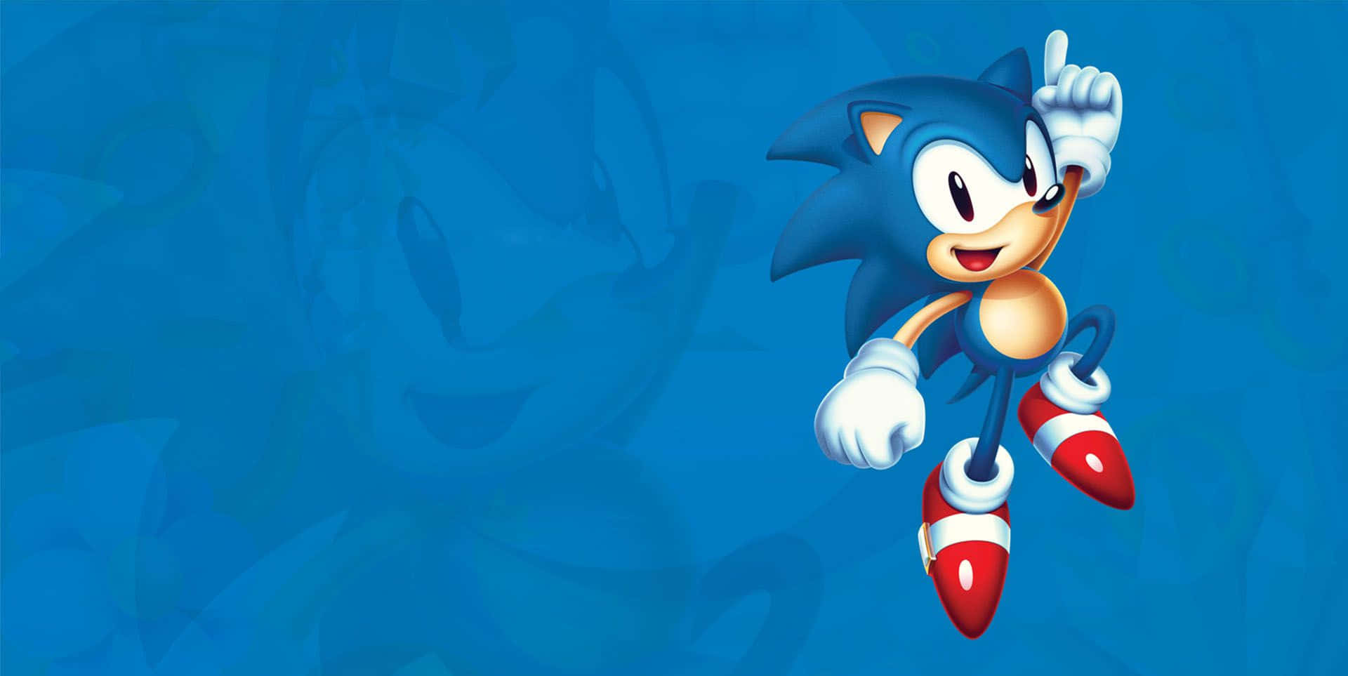 Sonic Cd 桌布 壁紙 — Sonic the Hedgehog 在藍色漸變背景前於空中微笑並揮手，他的剪影隱約在身後。