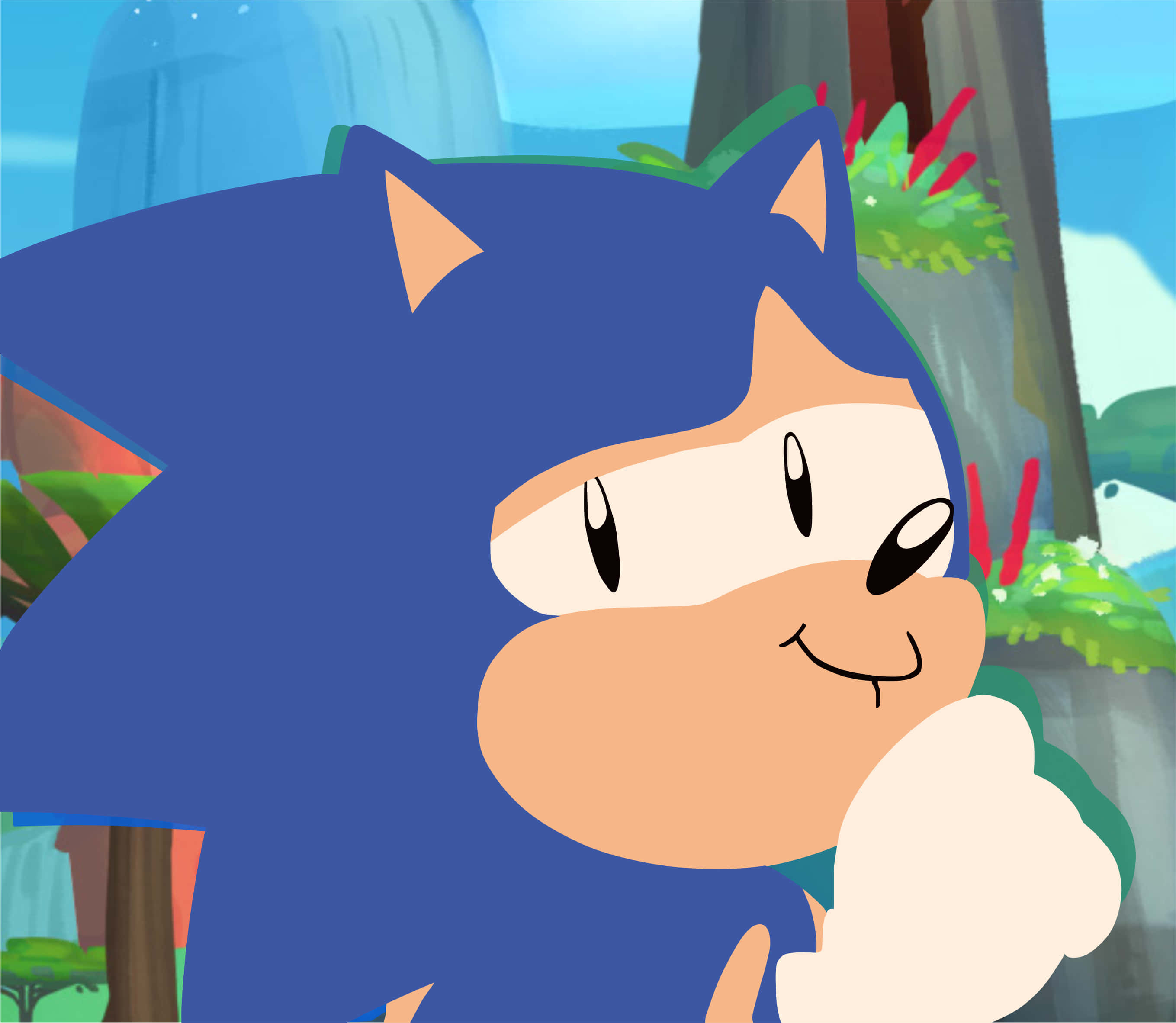 Sonic The Hedgehog 桌布 壁紙 — Sonic the Hedgehog 在充滿活力的叢林場景中自信地微笑，拳頭高舉。