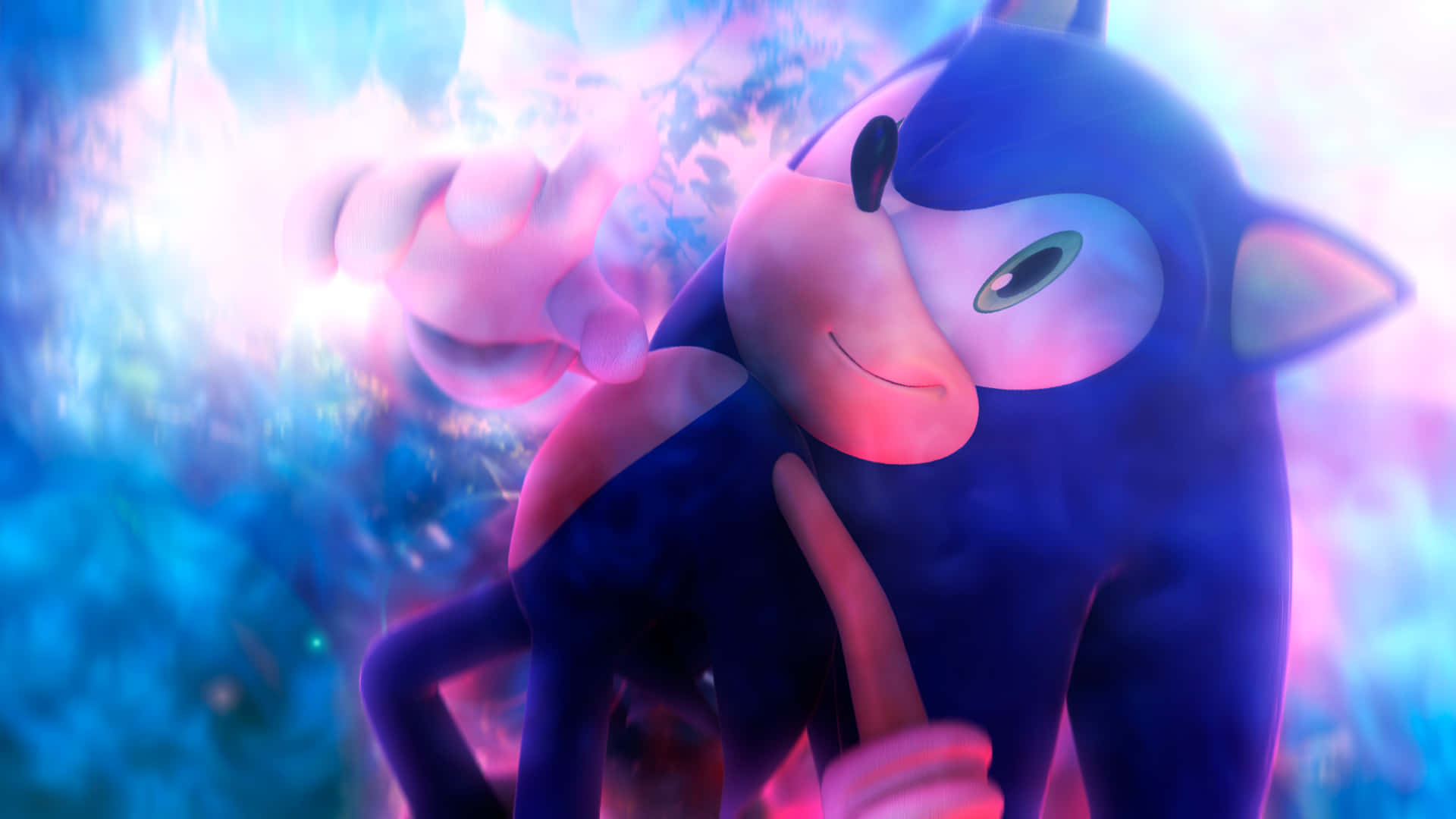 遊戲 桌布 壁紙 — Sonic the Hedgehog 自信地微笑，藍色和粉紅色的發光能量在他周圍旋轉，形成一個動態的電影鏡頭。